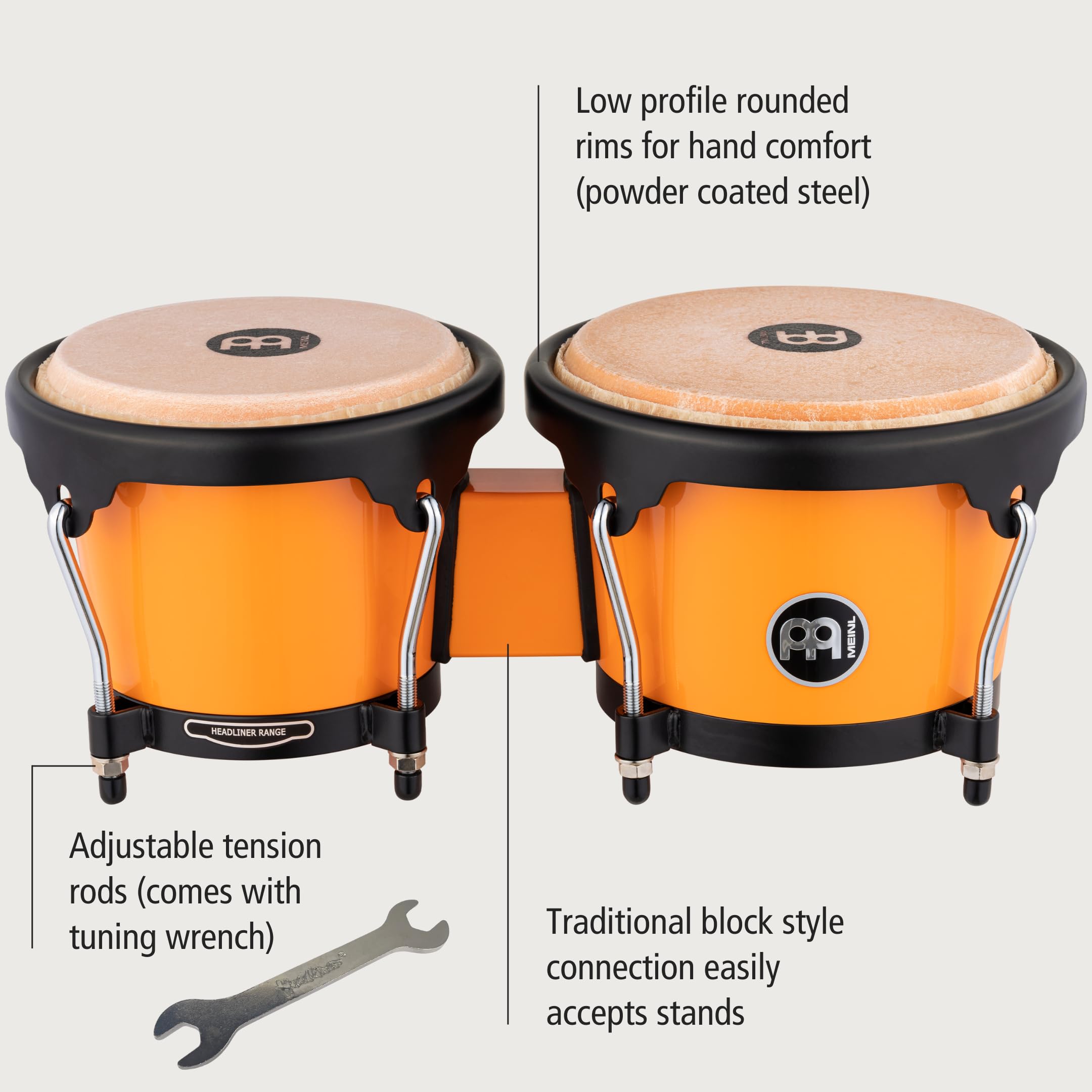 Meinl Percussion Bongos Journey Series – 2 Bongosy 6,5 i 7,5 cala – W Zestawie Klucz Do Strojenia – Tworzywo ABS, Kolor Pomarańczowy (HB50CS)