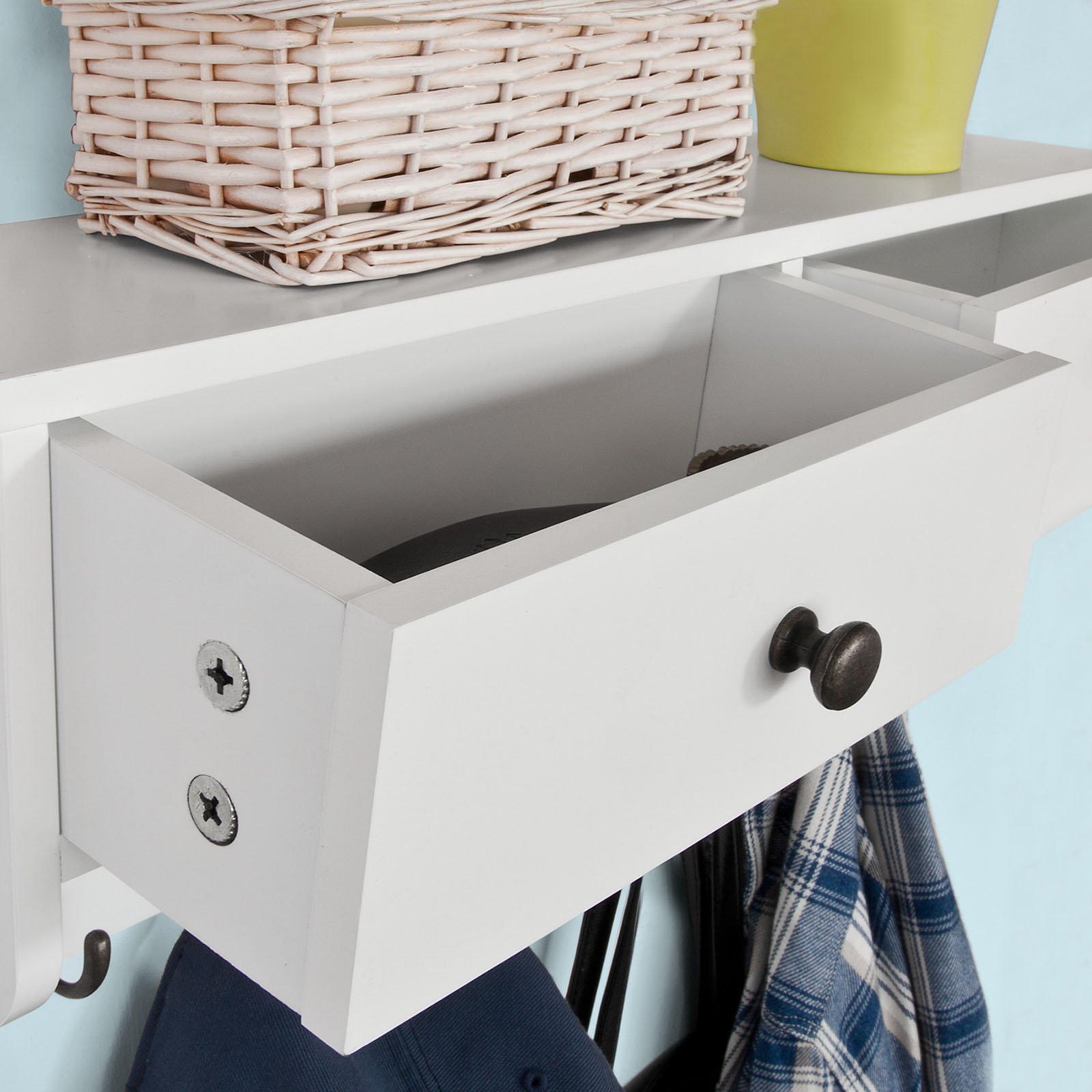 SoBuy Portachiavi da parete con 5 ganci 60x14x27cm per ingresso | Appendini da muro in MDF con 2 cassetti e 5 ganci, carico 5kg per ripiano, bianco FRG178-W