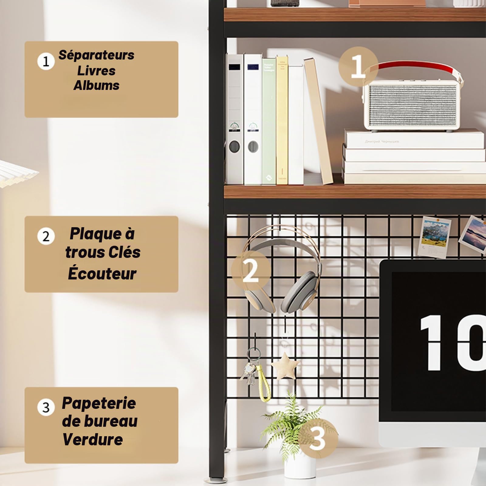 Bibliothèque de Bureau à 3 Niveaux, étagère de comptoir Polyvalente en métal, étagère de Bureau, étagère de Rangement, présentation, Organiseur (Noir, 95cm)