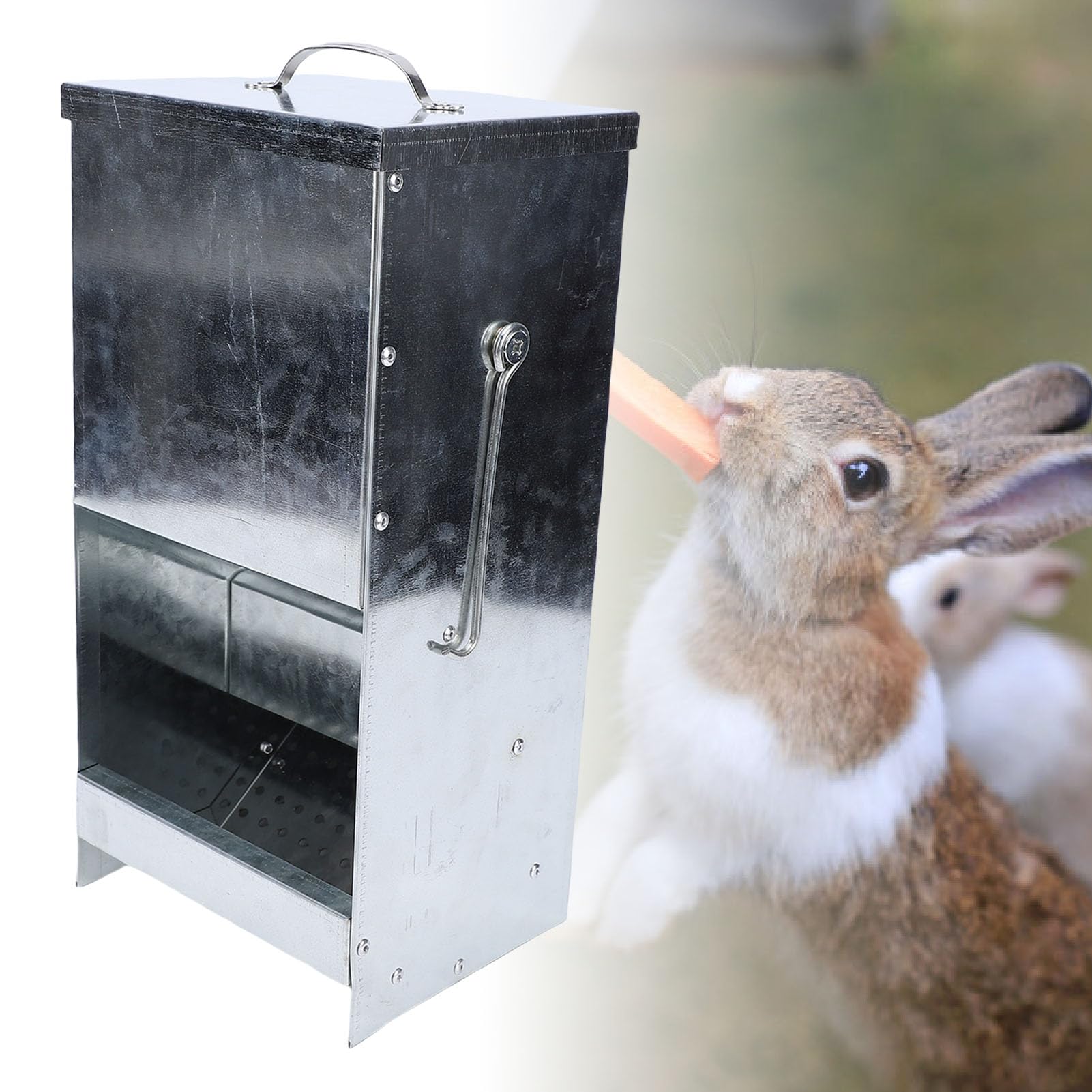 Srliya Dispenser di Cibo per Conigli da Esterno con Protezione Antipioggia per Mangiatoia per Conigli, Struttura Zincata