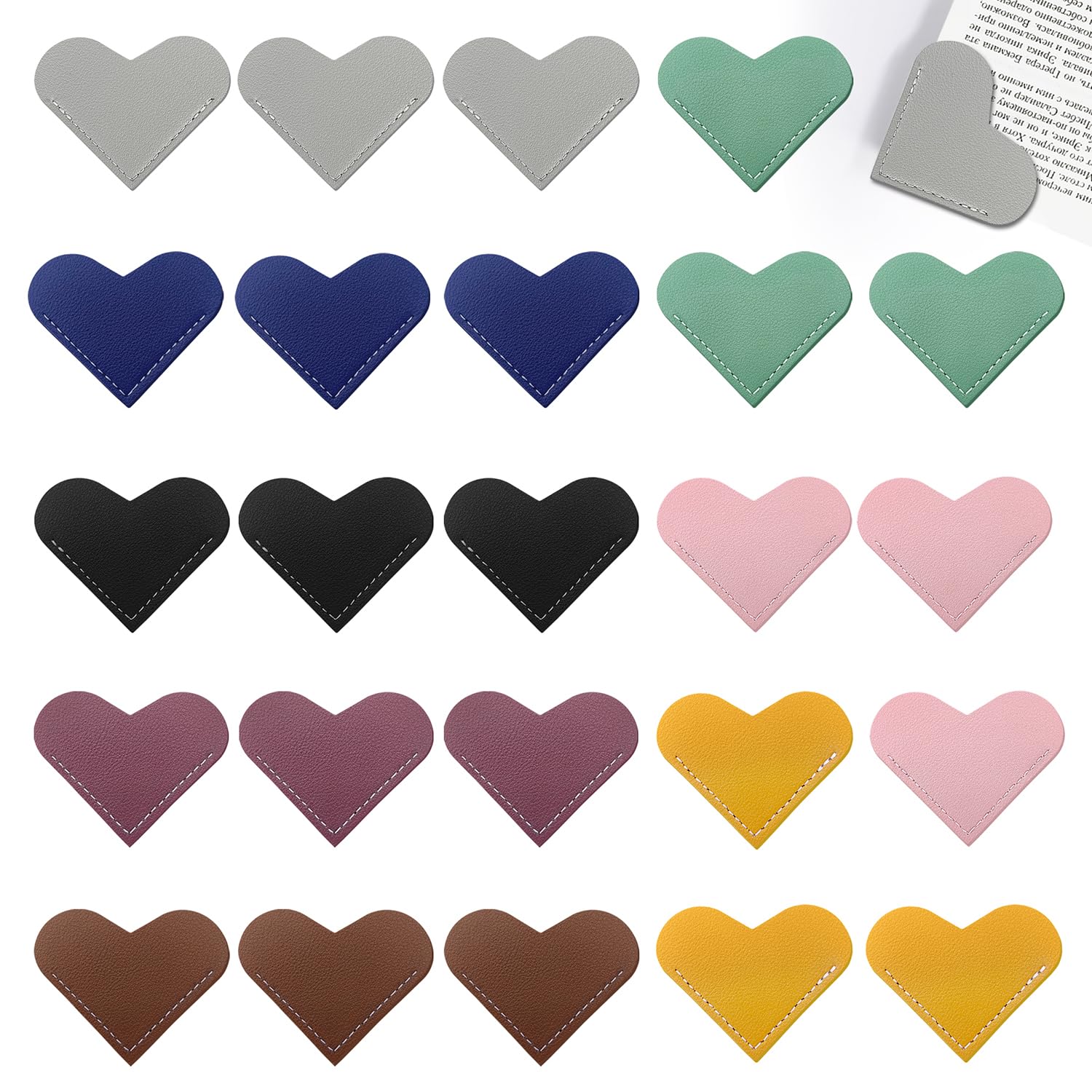 24Pcs Leather Heart Bookmarks,Cute Corner Page Book Marks,Book Accessories for Kids Women Book Lovers Teachers,Handmade Reading Gifts
