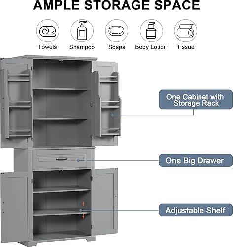 Miniatura 43 de Armario de baño de 64 pulgadas con 4 estantes, puertas y 1 cajón, armario alto con estantes ajustables para baño, cocina en casa, sala de estar