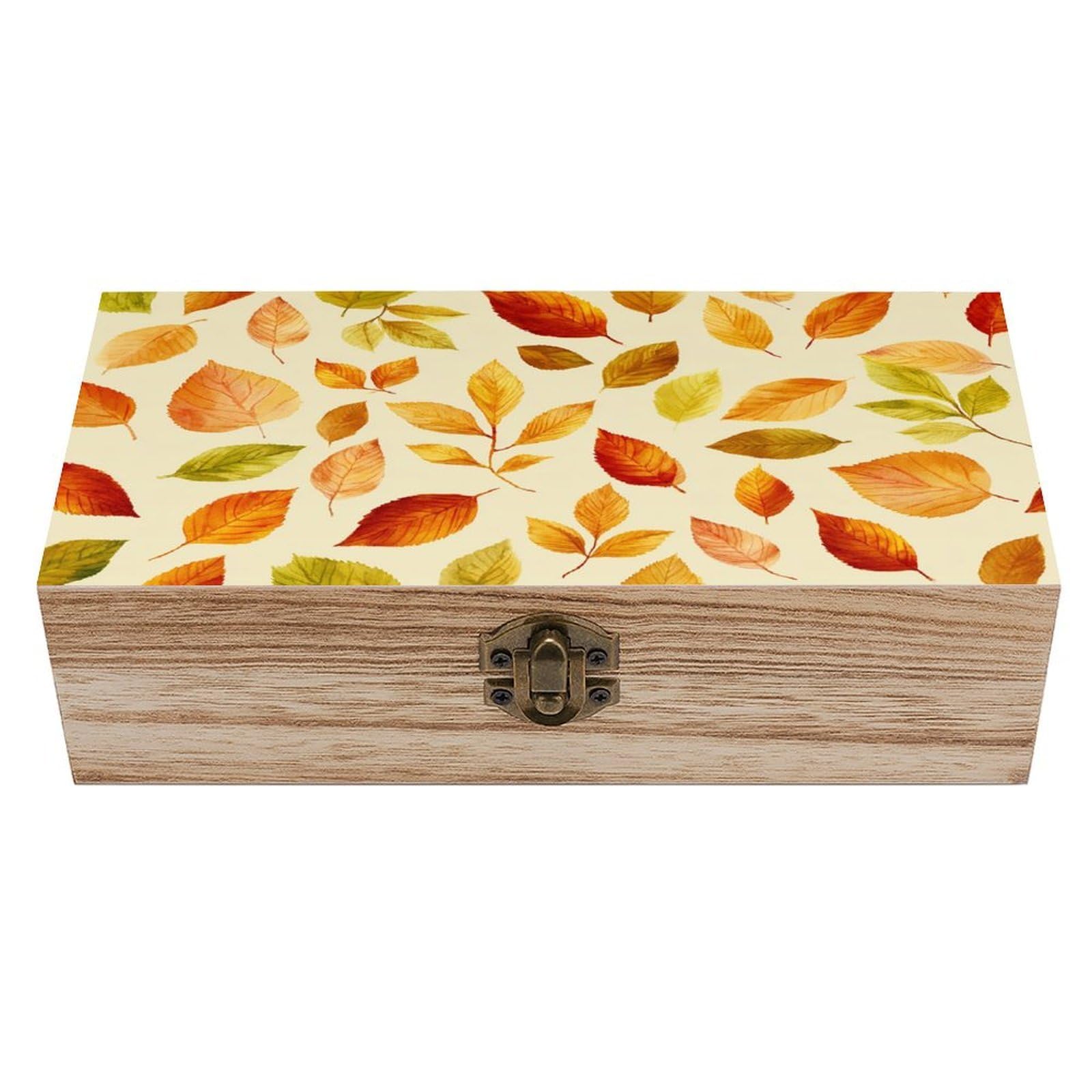 asbwuo Autumn Leaves Orange Yellow Green Wooden Storage Box with Hinged Lid