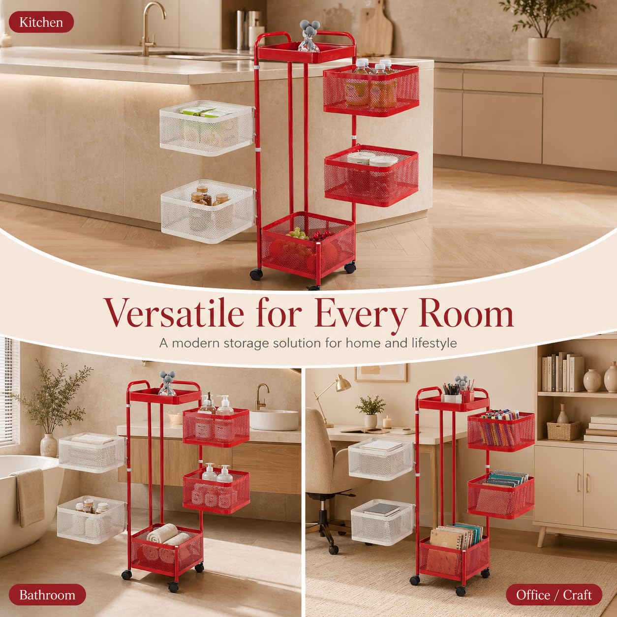 BURAKH Carrello portaoggetti girevole, quadrato, in metallo, con ruote, organizer per cucina e bagno, scaffale per verdure, carrello salvaspazio rosso e bianco (rosso e bianco, quadrato a 6 livelli)