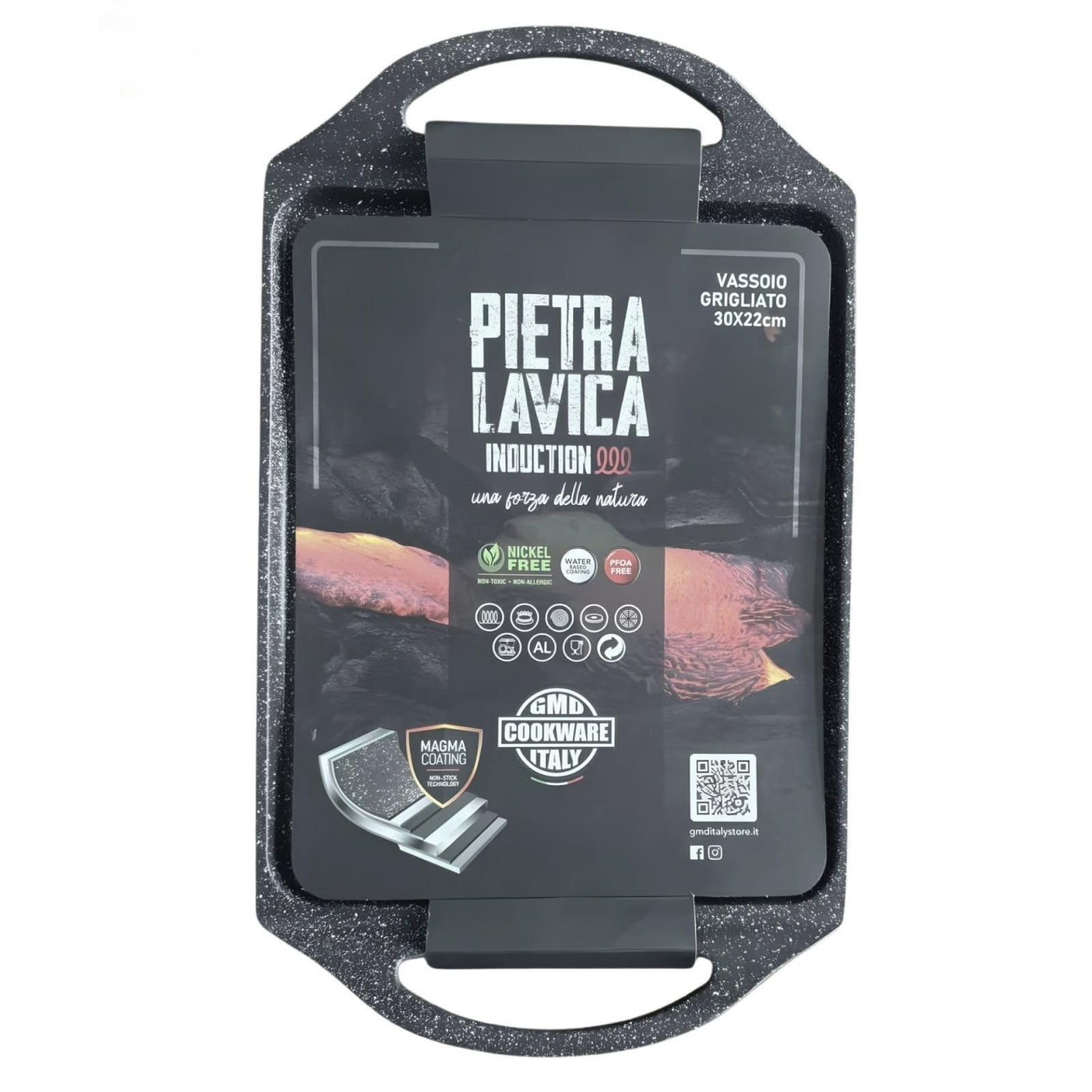 GMD Cookware Vassoio Grigliato Pietra Lavica 36x22 cm Induzione | Rivestimento Antiaderente, PFOA Free, Compatibile Gas e Forno vetroceramica e induzione , Magma Coating, Alluminio