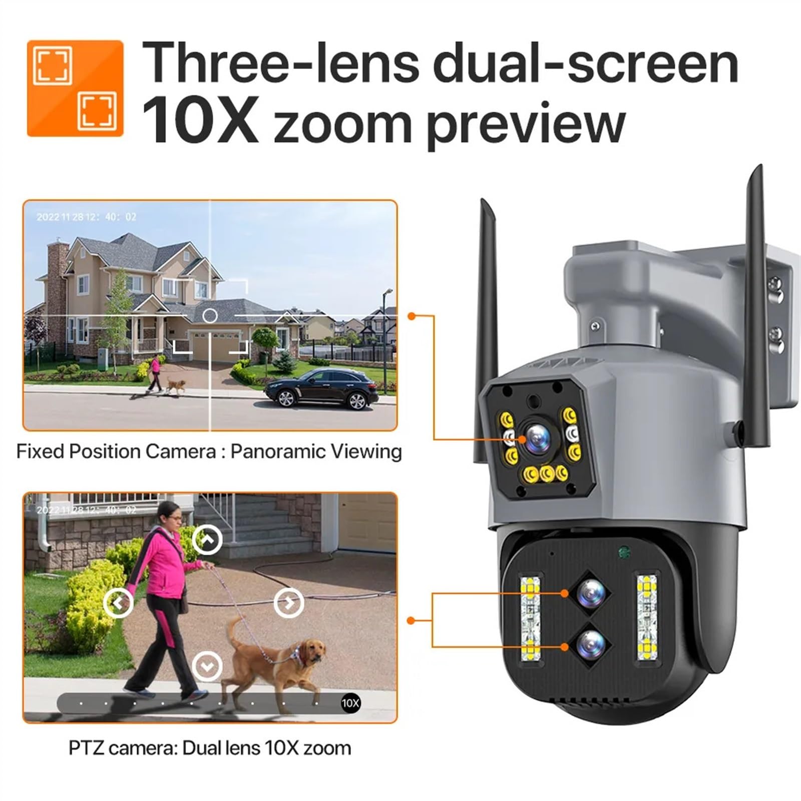 Kamera monitorująca Lornetka 4K 8MP kamera na zewnątrz 10X Zoom 2.8-12mm trzy obiektywy kamera PTZ bezpieczeństwa automatyczne śledzenie P2P CCTV nadzór wideo do użytku zewnętrznego i domowego(4MP No