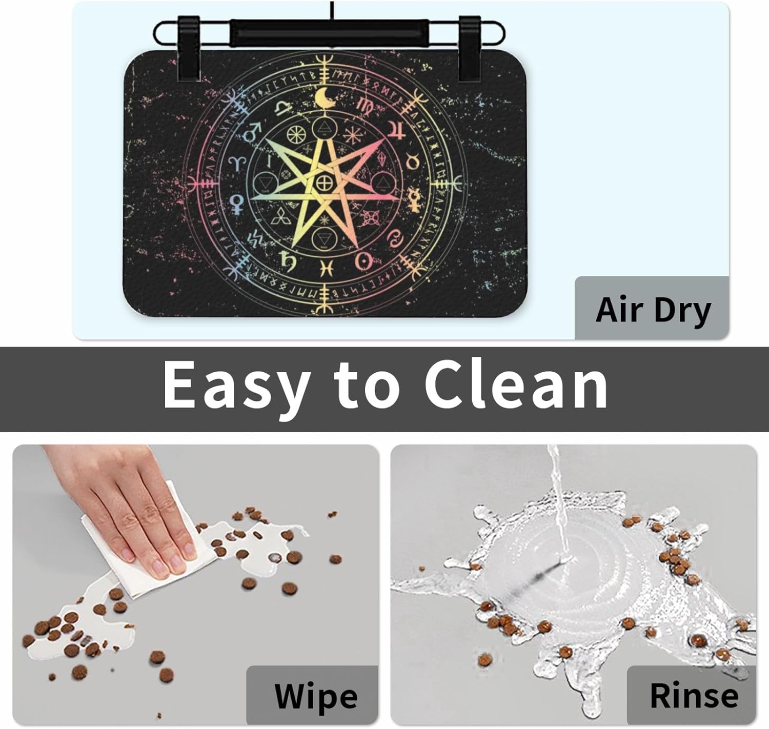 Wiccan Symbol Protection Mandala Runes Pet Feeding Mat-Absorbent Quick Dry Pet Cat Dog Food Mat Non Slip Waterproof Rubber Dish Placemat