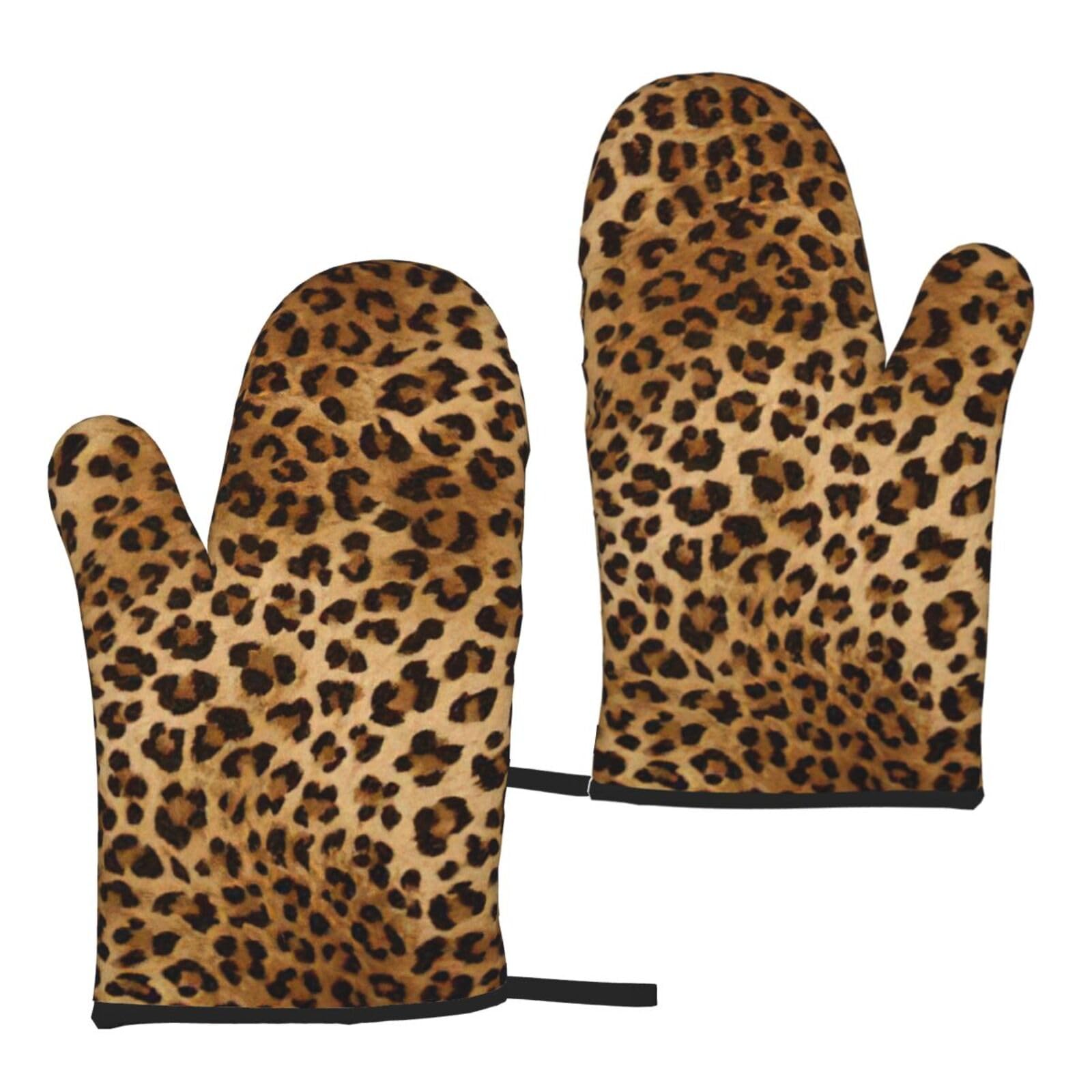 Nimongt Women's Black Cute Leopard Print Adults Universal Fit Heat Resistant Oven Gloves Reusable Cooking Outdoor Grilling