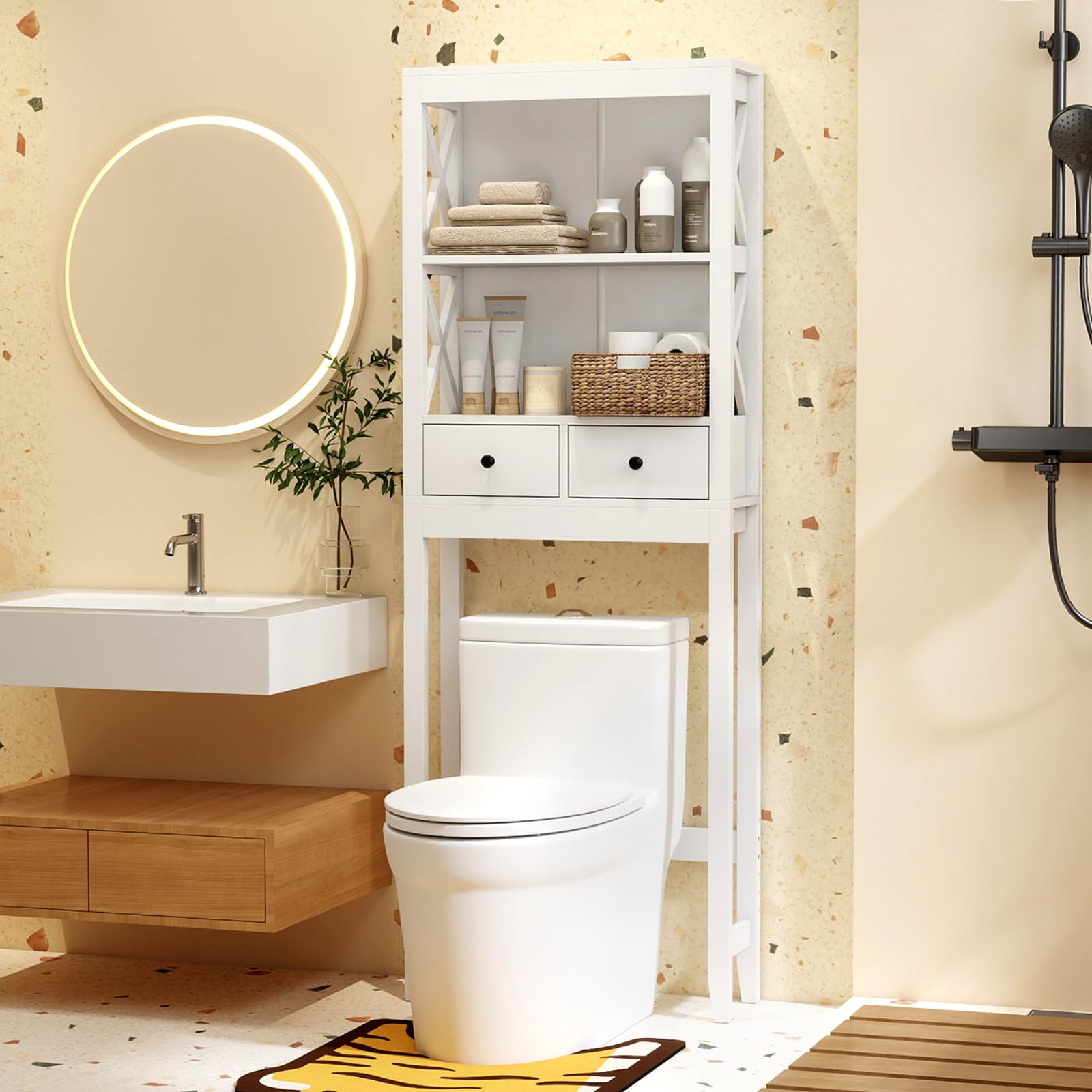 COSTWAY Estante de Almacenamiento sobre Inodoro, Organizador de Baño Independiente con Estantes Abiertos, Cajones y Barra Inferior Ajustable, 60 x 20,5 x 165 cm, Blanco
