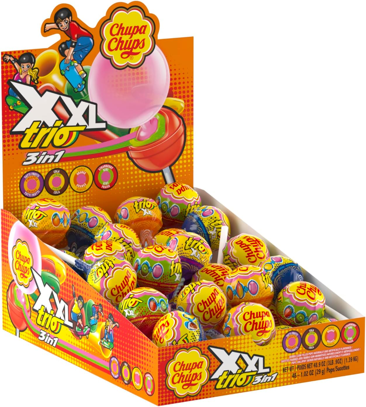 XXL Trio 3-in-1 Lollipop Assortment, 4 Flavors, Individually Wrapped Candy for Kids, 48.9 Oz Display Box (48 Suckers)
