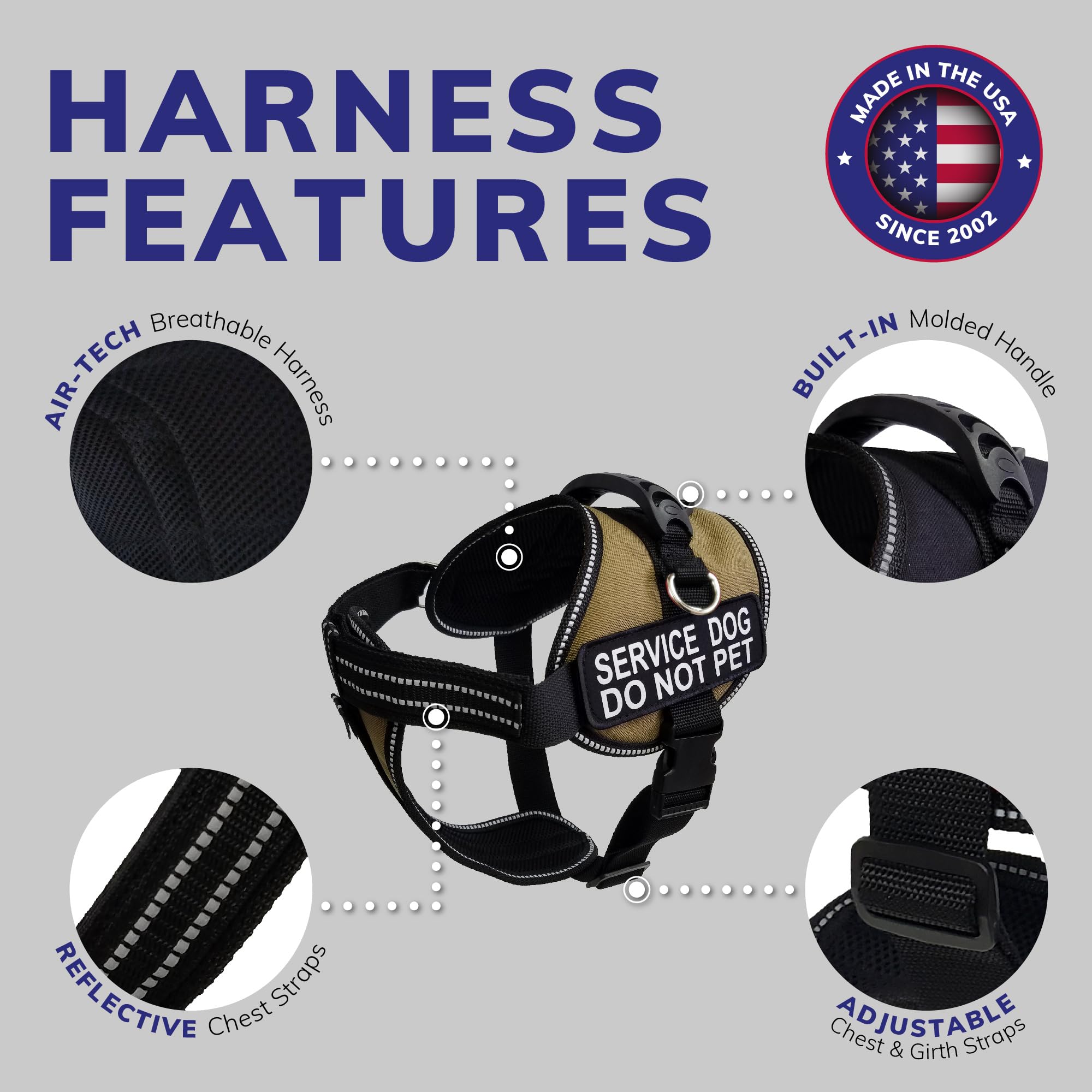 ActiveDogs Service Dog Vest - Padded Air-Tech Harness, Reflective, No Pull for Large Dogs, Heavy-Duty, L Girth 25