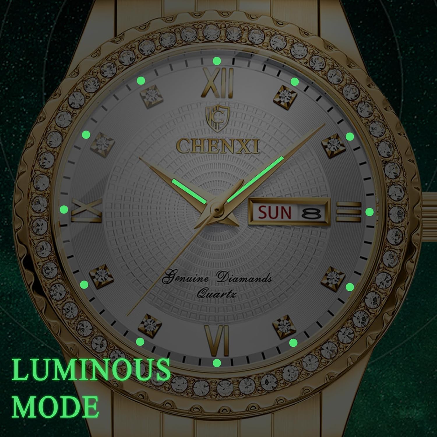 OIDEA Couple Quartz Watches for Men: Luxury Full Rhinestones Diamond Bezel Round Dial Wrist Watch Waterproof Luminous Calendar Week Date Business Dress Watch Valentine's Day Gift