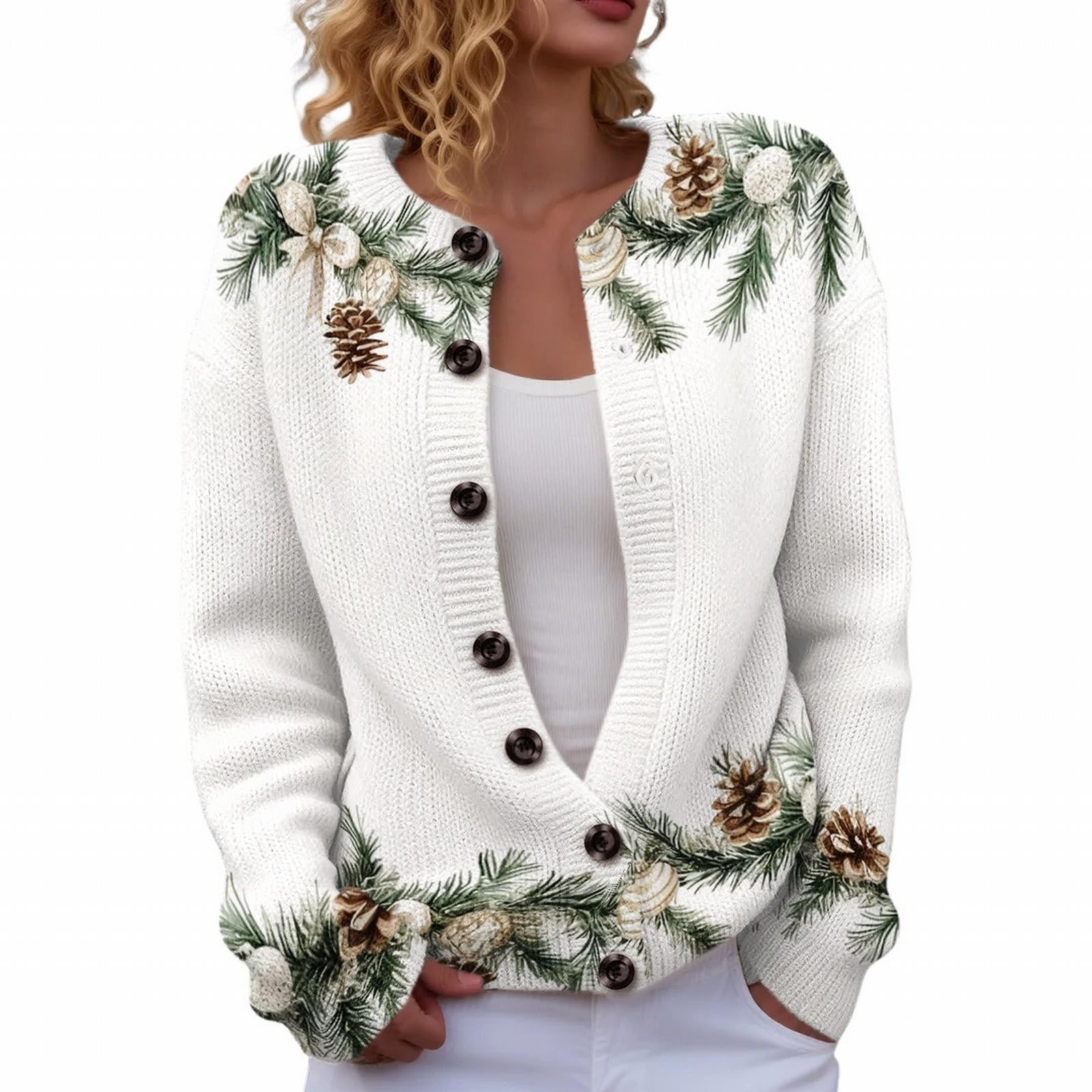 Womens Christmas Tree Embroidered Cardigan Long Sleeve Round Neck Button Knit Sweater for Holiday Season