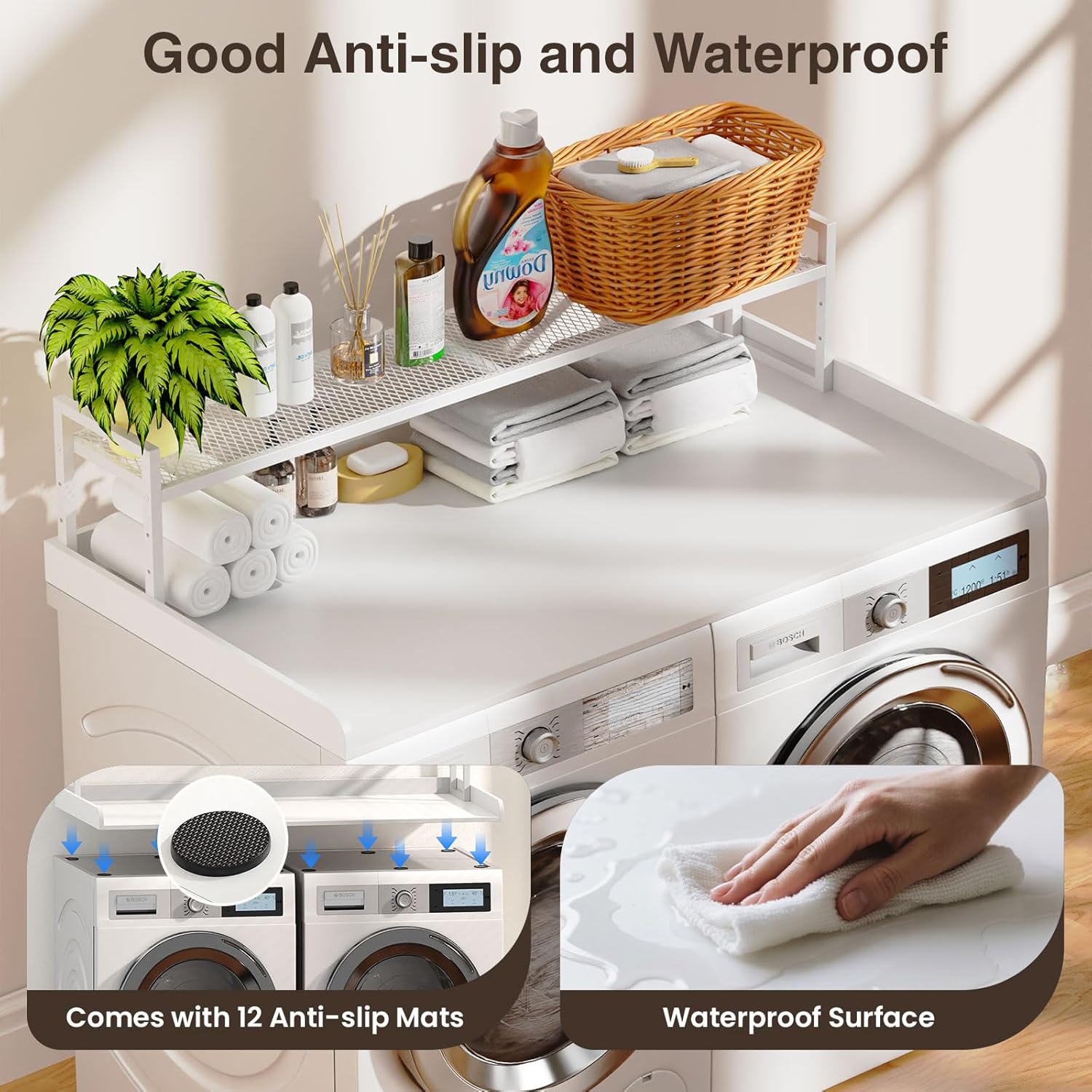 Washer Dryer Countertop with Shelf, 54" x 27.5" Wooden Washer and Dryer Topper, Laundry Countertop with Anti-Slip Pads, Washer Dryer Topper for Laundry Room Organization and Storage (White)