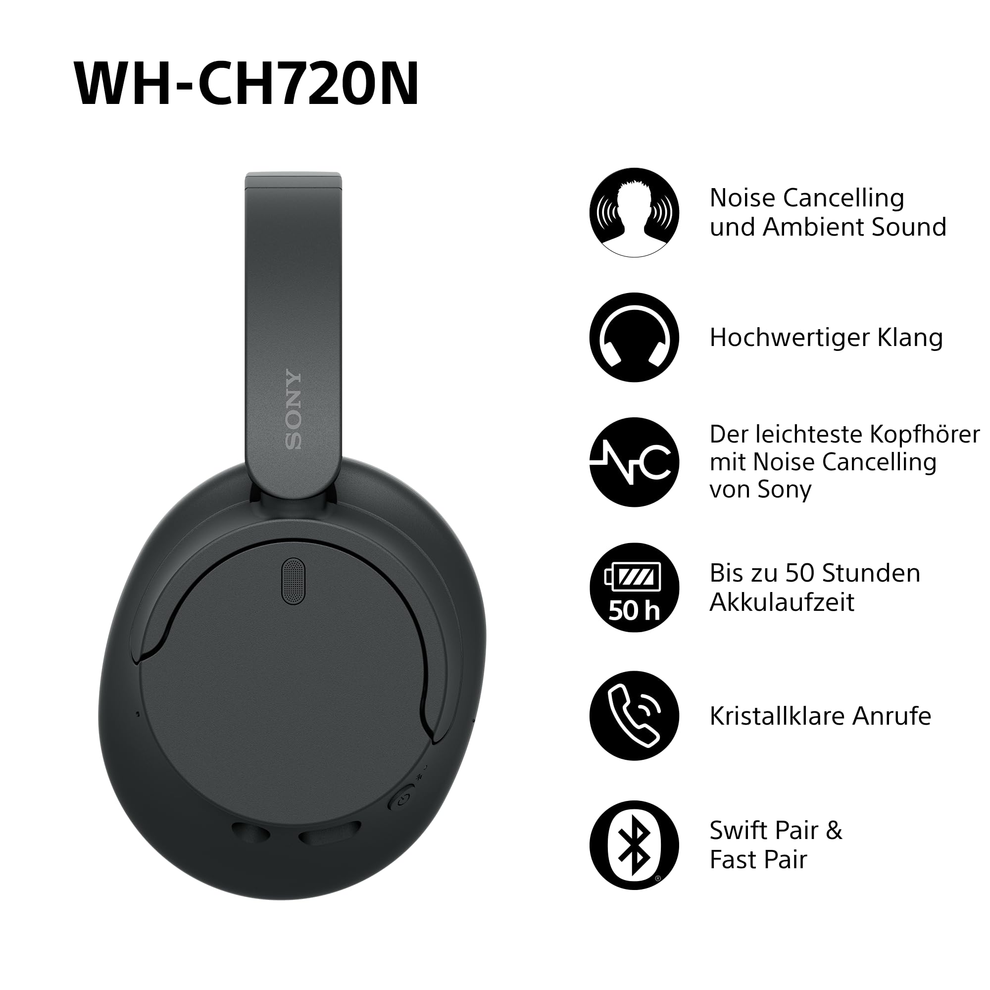 Sony WH-CH720N Kabelloser Bluetooth-Kopfhörer mit Noise Cancelling, 35h Akkulaufzeit, Schwarz