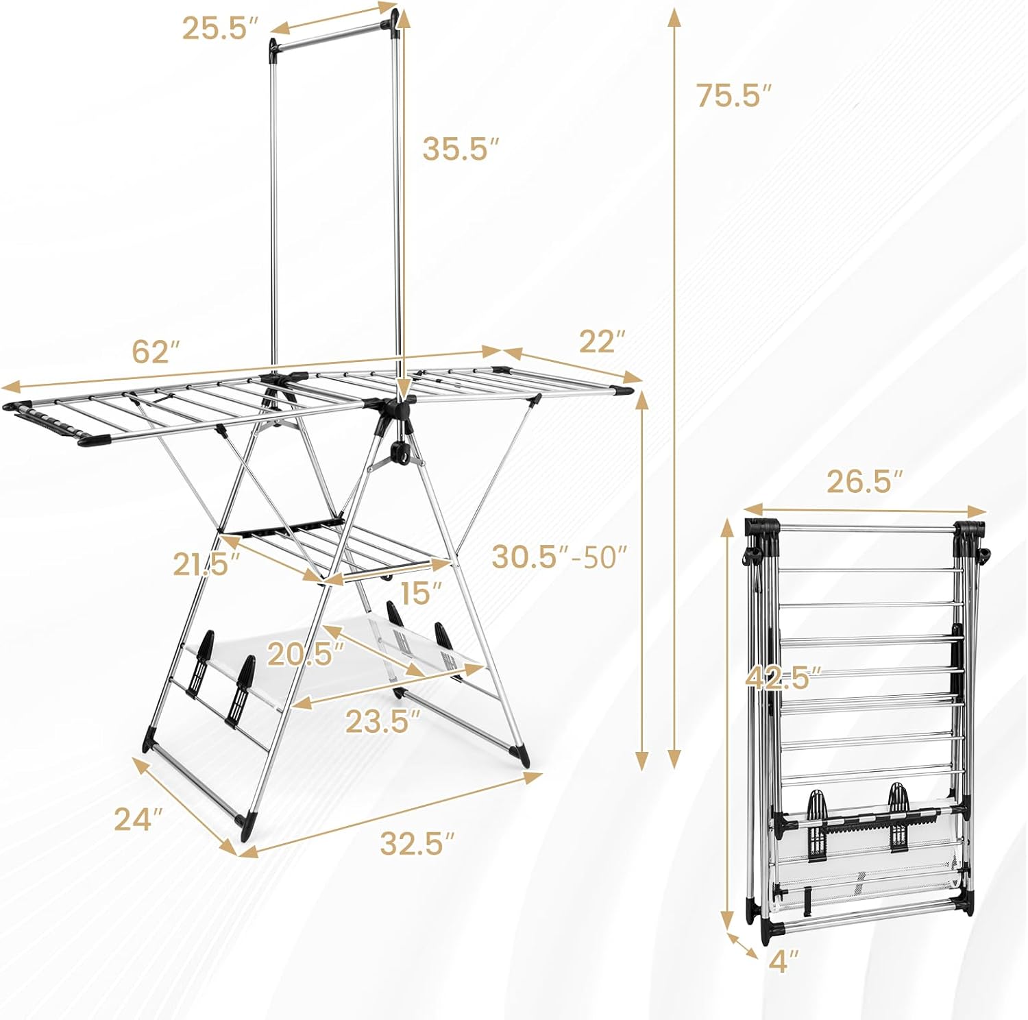 Tangkula 2-Layer Stainless Steel Drying Rack, Foldable Laundry Rack w/ 1 Hanging Bar & 2 Height-Adjustable Wings, 23 Drying Rails, Netting Clothe Drying Rack, No Assembly Required