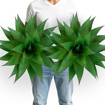 2 Pack Artificial Agave Plants 28 Inch Large Size Faux Succulent Stems Outdoor Decorating Realistic UV Resistant Tropical Plant Plantas Artificiales Decorativas Grandes - 29 Leaves, Dark Green