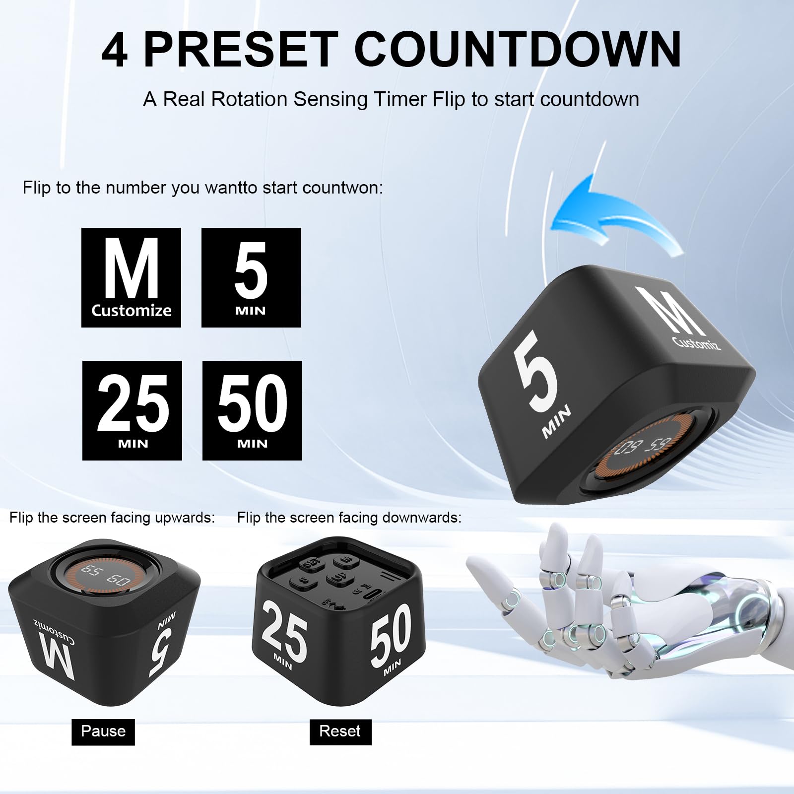 Rotating Cube Visual Timer 5, 25, 10, 50 Min Preset + Custom Countdown, Rechargeable Desk Productivity Flip Timer w/Silicone Case, Silent Mode, Ideal for ADHD Tool Study Work Kitchen School (Black)
