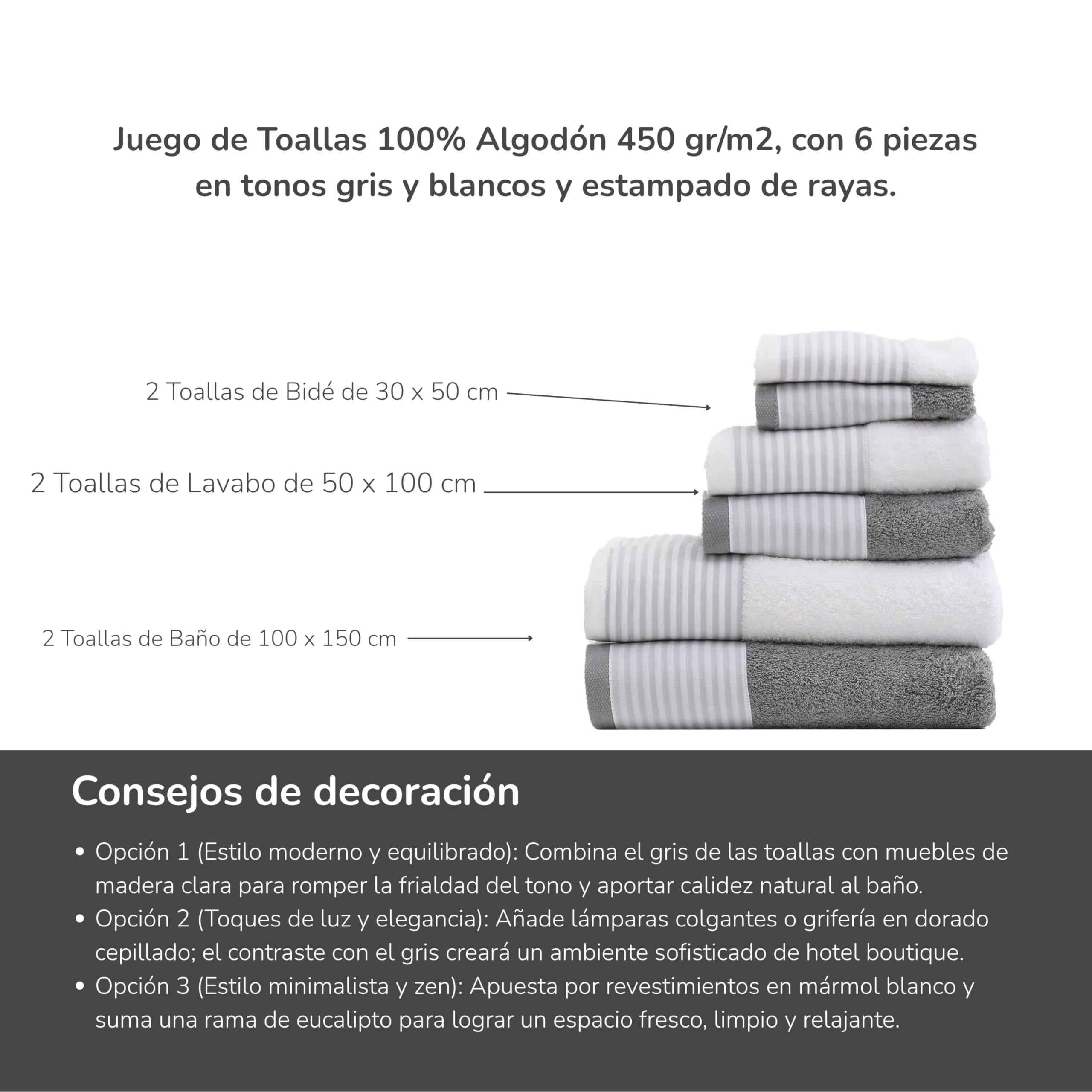 Juego de Toallas 6 Piezas – 100% Algodón 450 gr/m² – Estampado Rayas Gris y Blanco – Alta Absorción y Suavidad – Set de Baño Completo (2 de Baño, 2 de Lavabo, 2 de Bidé) - 548
