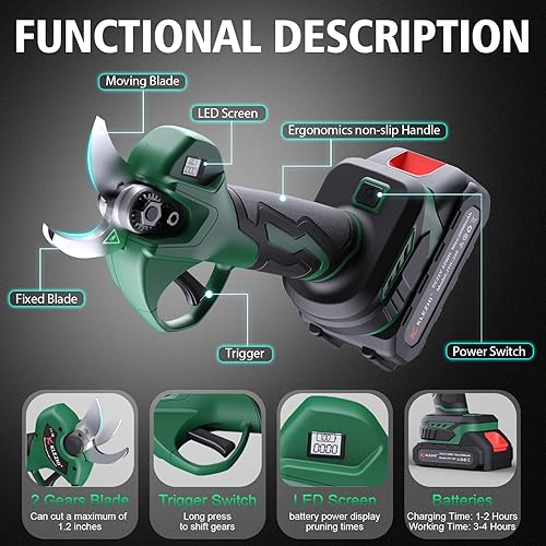 Miniatura 2 de Cordless Electric Pruning Shears with 2×21V 2000mAh Batteries & LED Display, 1.2" Rechargeable Garden Pruning Shears for Thick Branches,