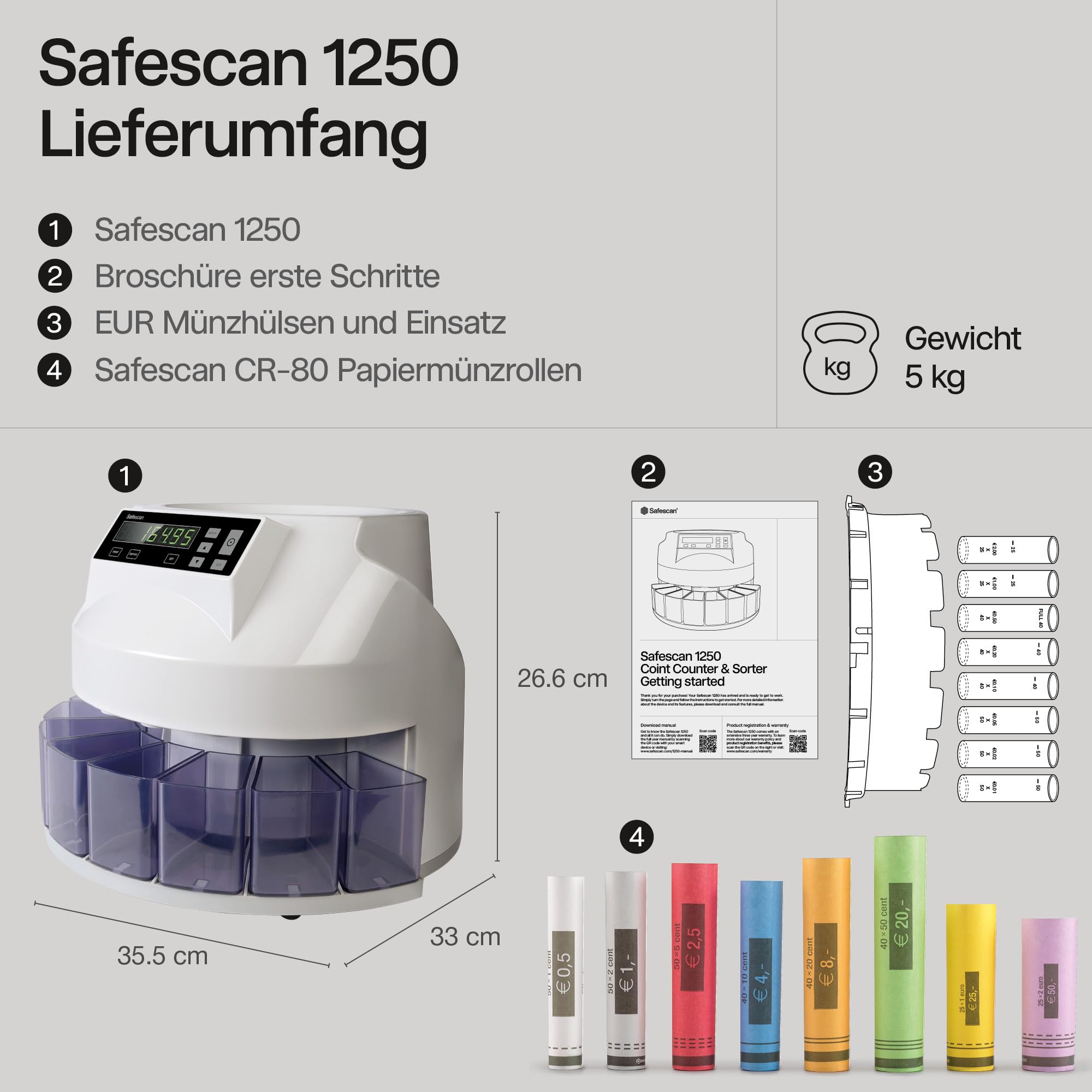 Safescan 1250 EUR Münzzähler, der gemischte EUR-Münzen schnell zählt und sortiert - Münzsortierer, sortiert Münzen nach Stückelung - Geldzählmaschine + Safescan CR-80 EUR - Papier Münzhülsen