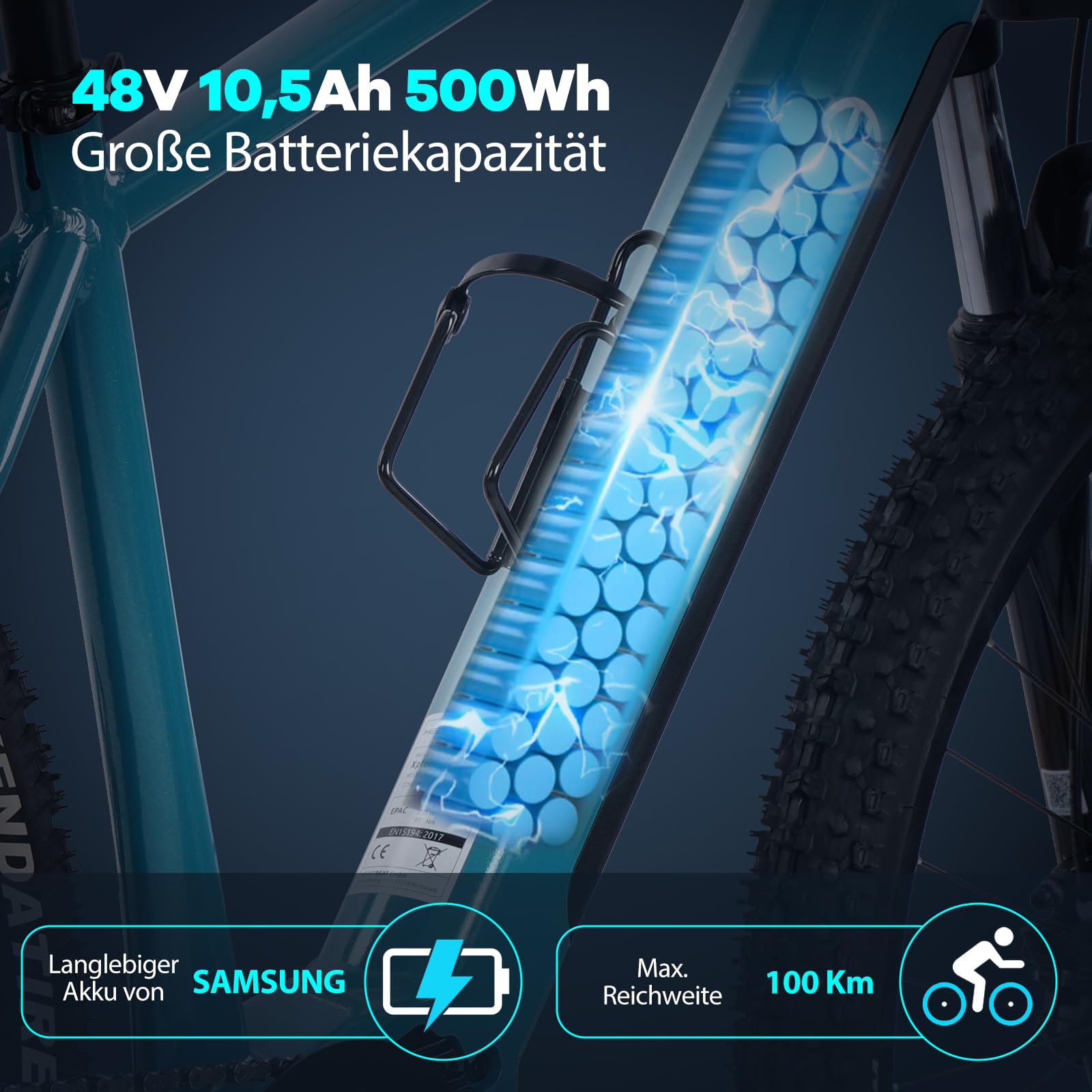 Vélo électrique VTT • Moteur Bafang puissant • Dérailleur • Freins à disque • VTT électrique • Pedelec avec batterie Samsung • Vélo électrique pour homme et femme