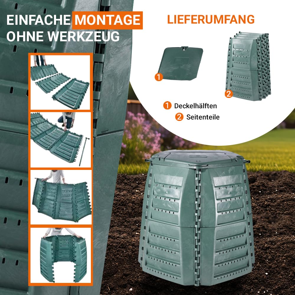 GARANTIA Thermo-Star Komposter 600 Liter grün - Komposter Garten, Schnellkomposter, Kompost, Thermokomposter, Biomüll Behälter, Biomüll, Komposteimer, Schnellkomposter Garten, Compost Bin