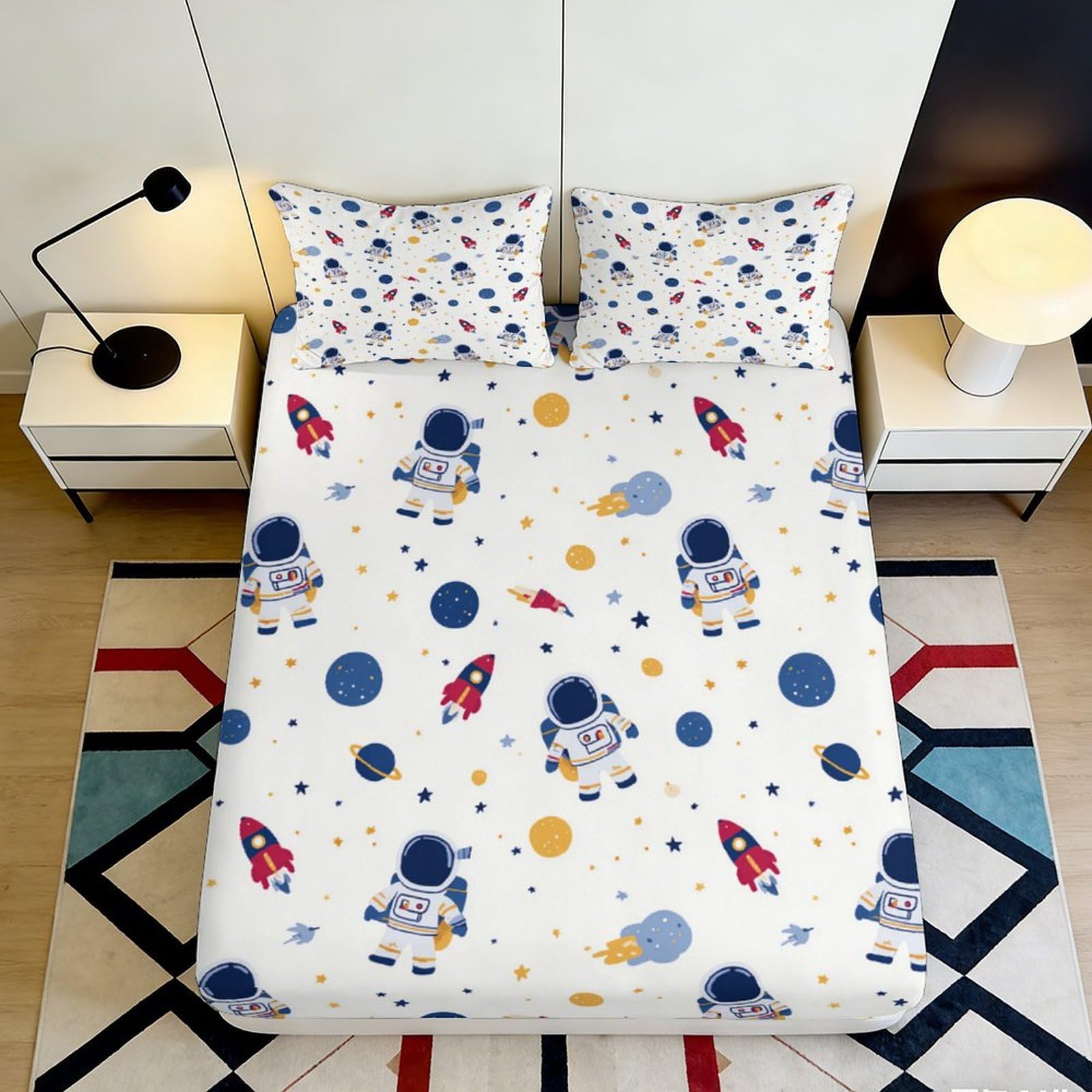 3D Printed astronaut space Fitted Sheet Microfiber with rocket pattern Mattress Cover for bedroom, dorm, guest room, washable bedding 90x200x25cm