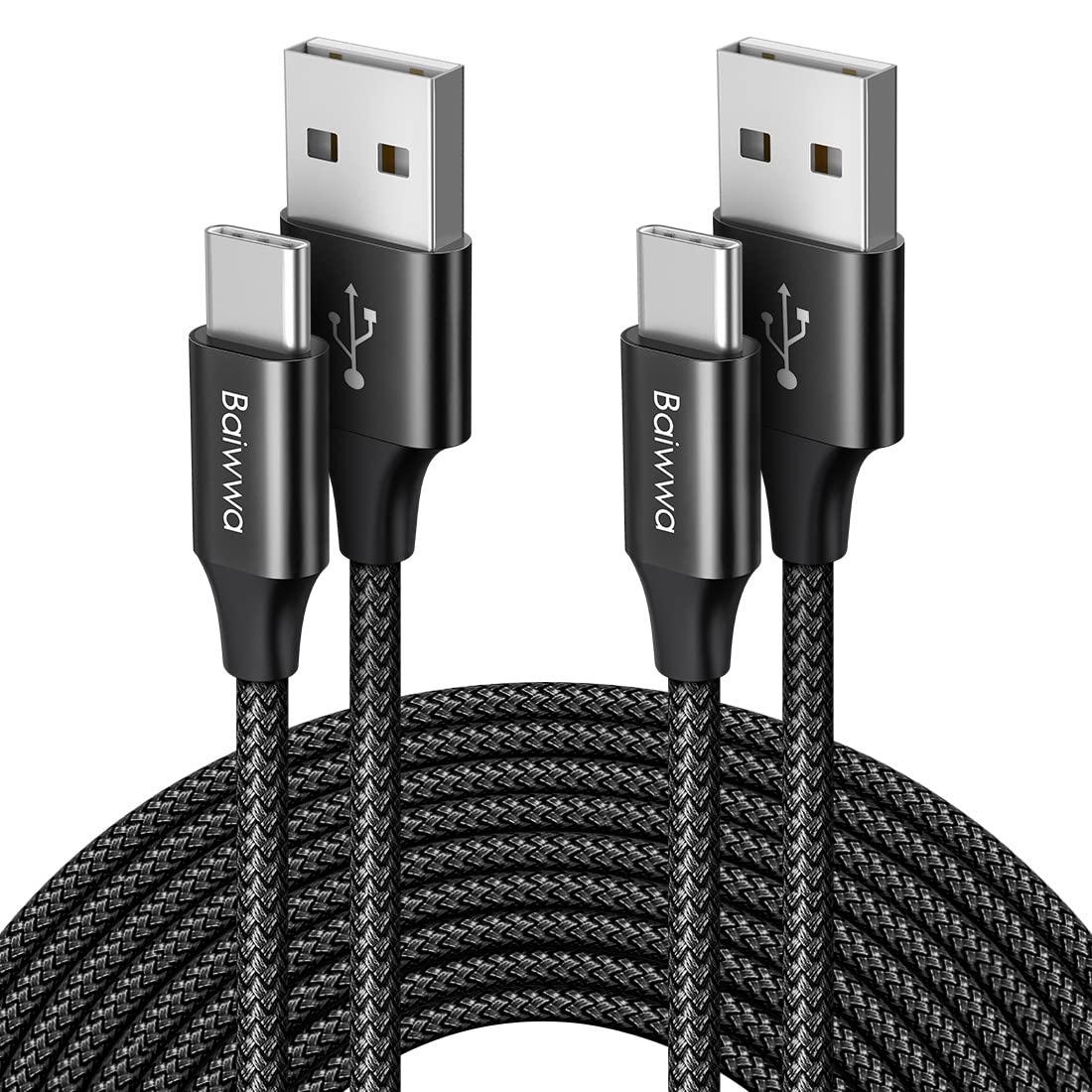 Baiwwa Cavo USB C 3 Metri, 2-Pezzi Lungo Cavo USB A USB C Ricarica Rapida 3A, Nylon USBC Cavi per Samsung Galaxy S24 S23 S22 Plus A15 A55 A14 A54 -Nero