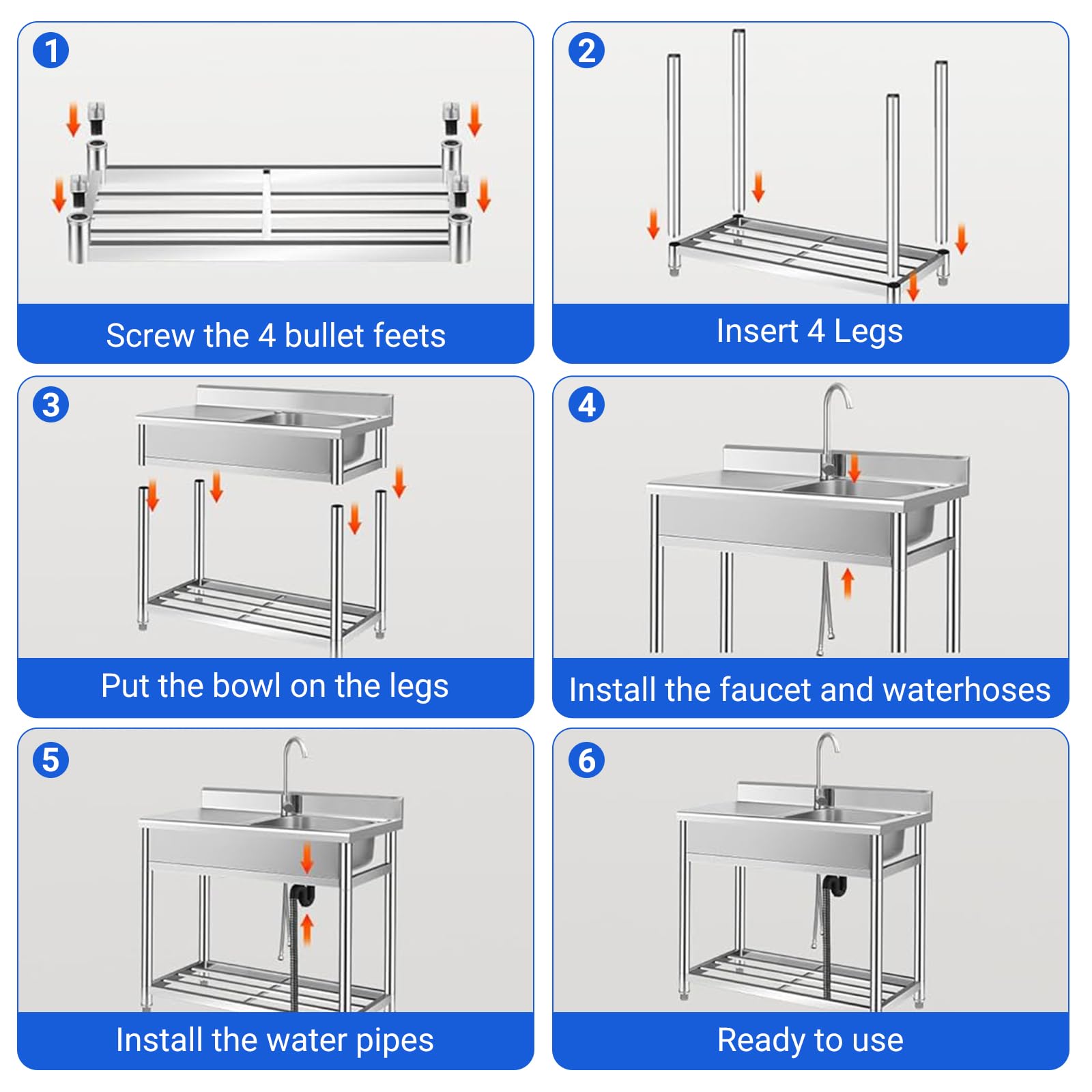 Évier Utilitaire en Acier Inox 1 Compartiment avec Table, Évier Autoportant à Cuve Simple avec Robinet et Pieds, Grand Évier Professionnel pour Cuisine, Buanderie, Salle de Bain et Jardin