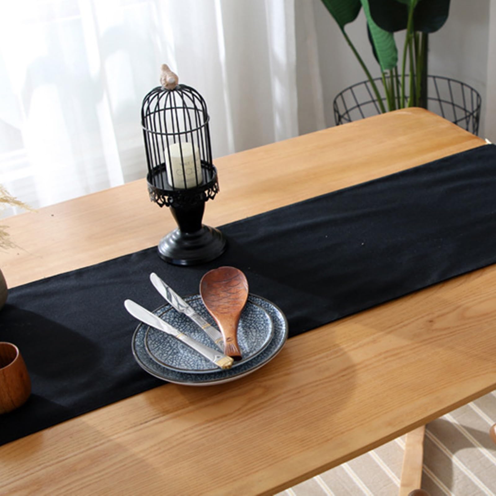 Tischläufer Polyester Landhausstil, Tischläufer Wohnzimmer 33x200 cm, Schwarzer Leinenoptik mit Quasten