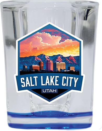 R and R Imports Salt Lake City Utah Souvenir - Vaso de chupito cuadrado de 2.5 onzas, base azul A