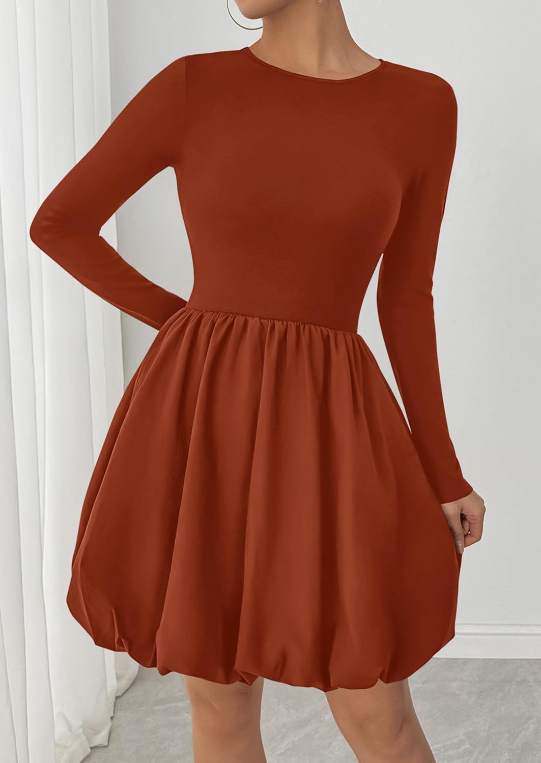 PRETTYGARDEN Fall Dresses for Women 2026 Casual Long Sleeve Bubble Cute Crew Neck A Line Mini Short Dress with Pockets - Image 4