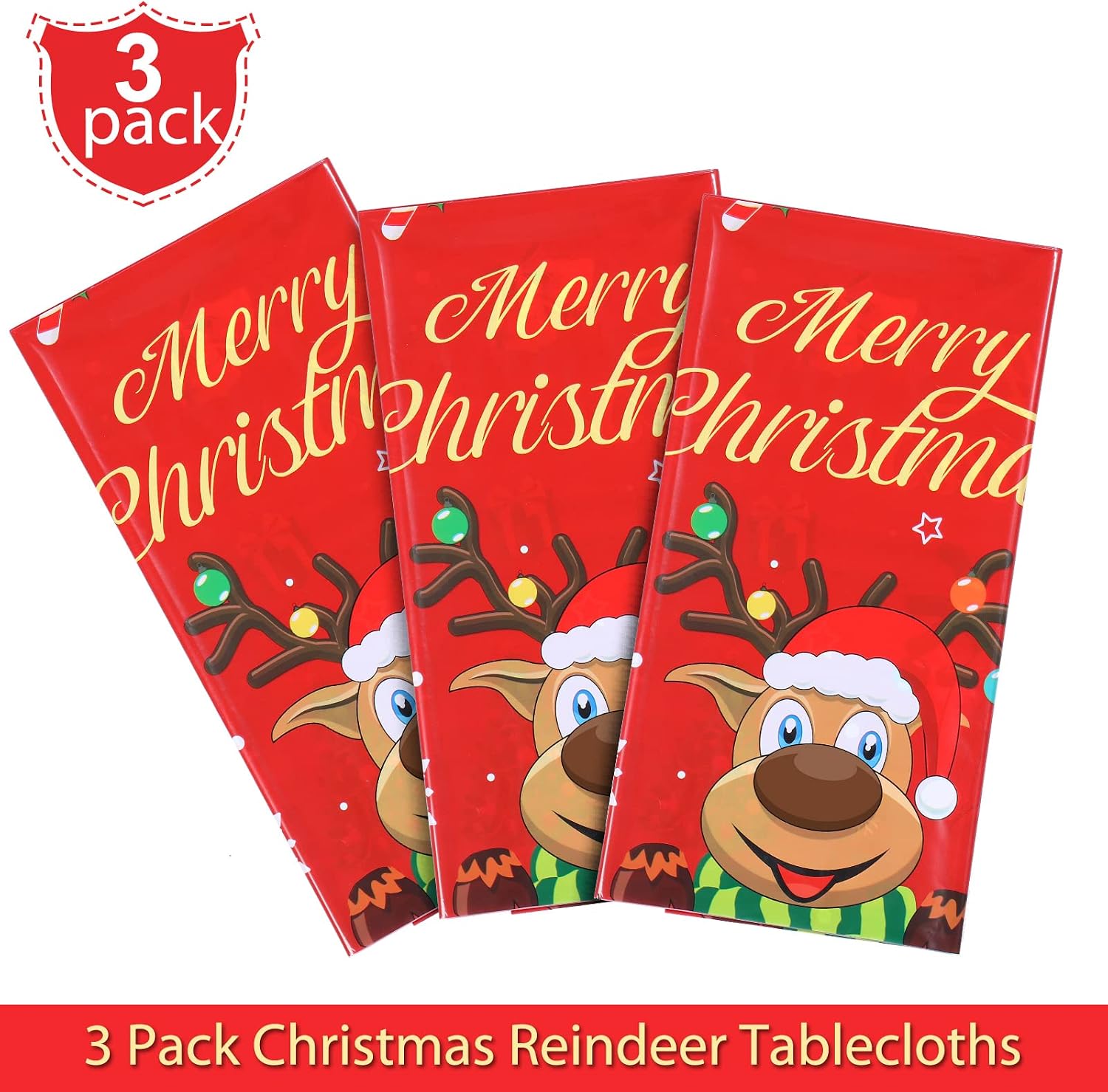Irenare 3 Pieces Christmas Tablecloth Plastic Reindeer Tablecloth Elk Merry Christmas Table Cover for Xmas Dinner Winter Holiday Party Decoration and Supplies, 54 x 108 Inch