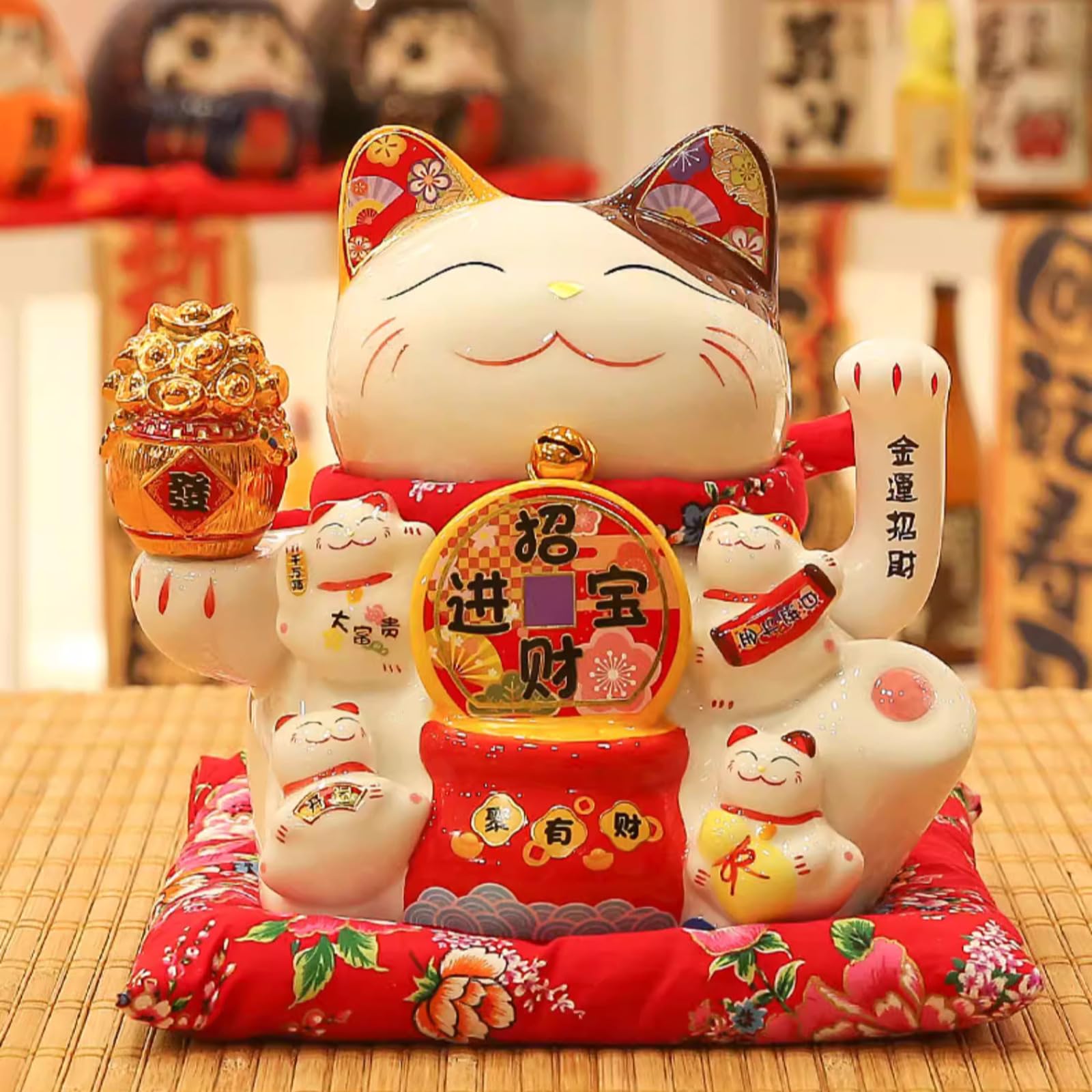 Maneki Neko en céramique avec bol au trésor et chat blanc de 24 cm pour attirer la richesse