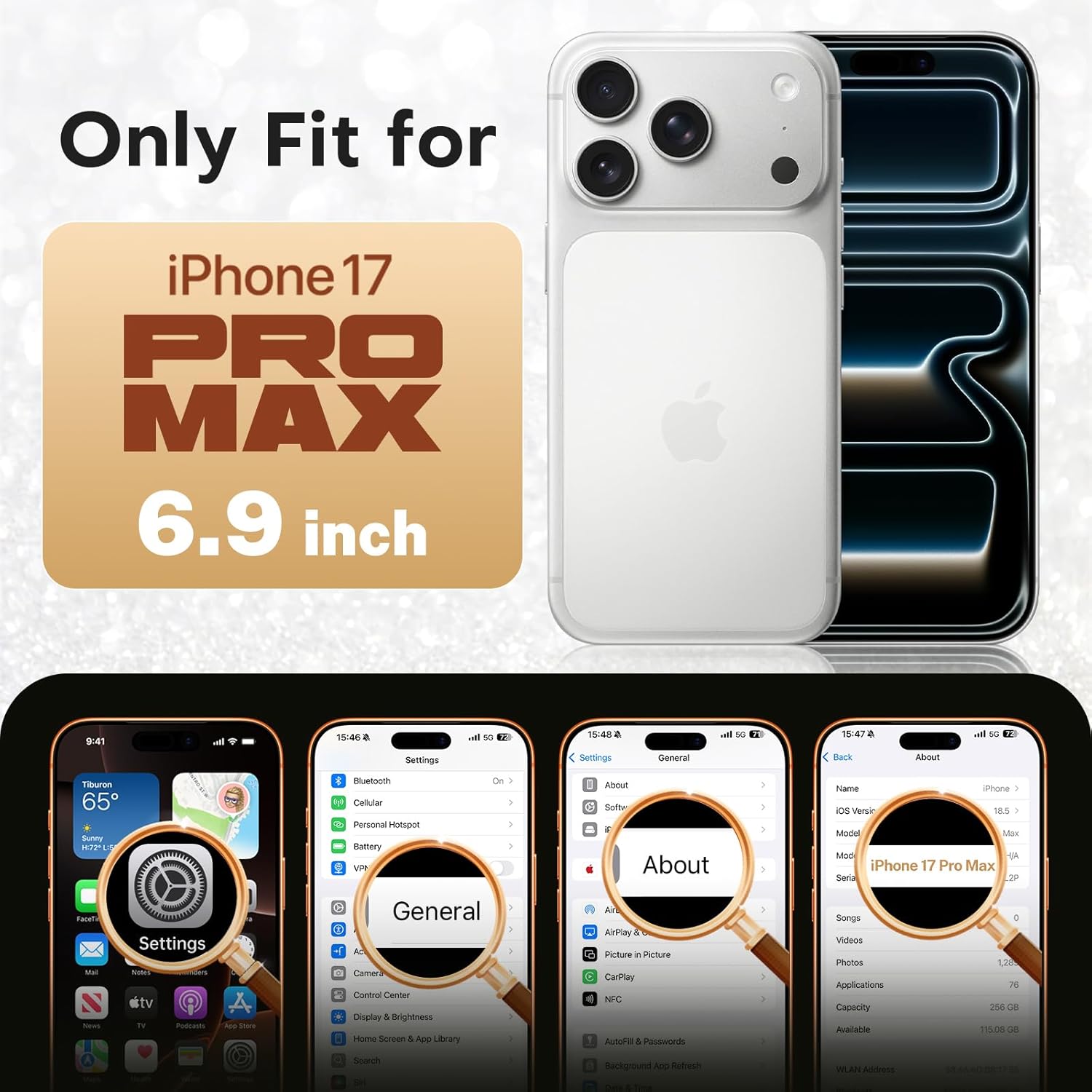 Glitter for iPhone 17 Pro Max Case with Eye-catching Integrated Lens Protection, [Seamless Work with Magsafe] [Sparkly Bling Back Panel] Cute Women Girly Case for iPhone 17 Pro Max Desert Titanium - Image 8