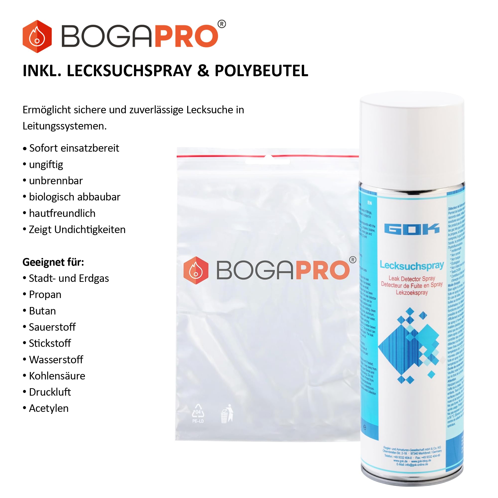 T-Stück für Gasflaschen mit Lecksuchspray 400ml, Anschlussstück für Mehrflaschenanlage und Spray zur Lecksuche bei Dichtheits- und Gasdruckprüfungen, inkl. Polybeutel