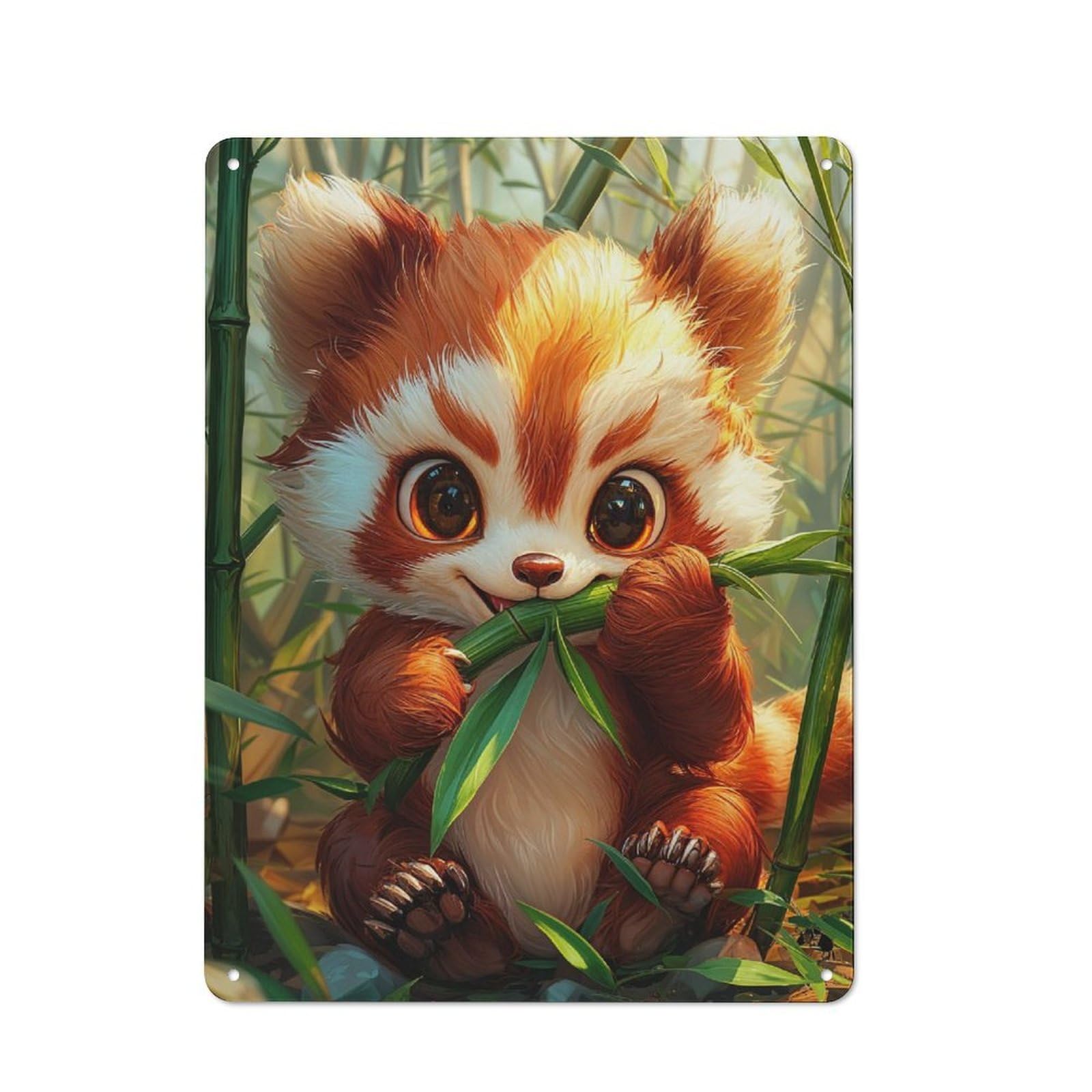Junmoney Cute Red Panda Eating Bamboo Tin Wall Plaque 40X30cm With For Hobby Room Or Studio, For Home Interiors, Feature Walls And Decorative Displays
