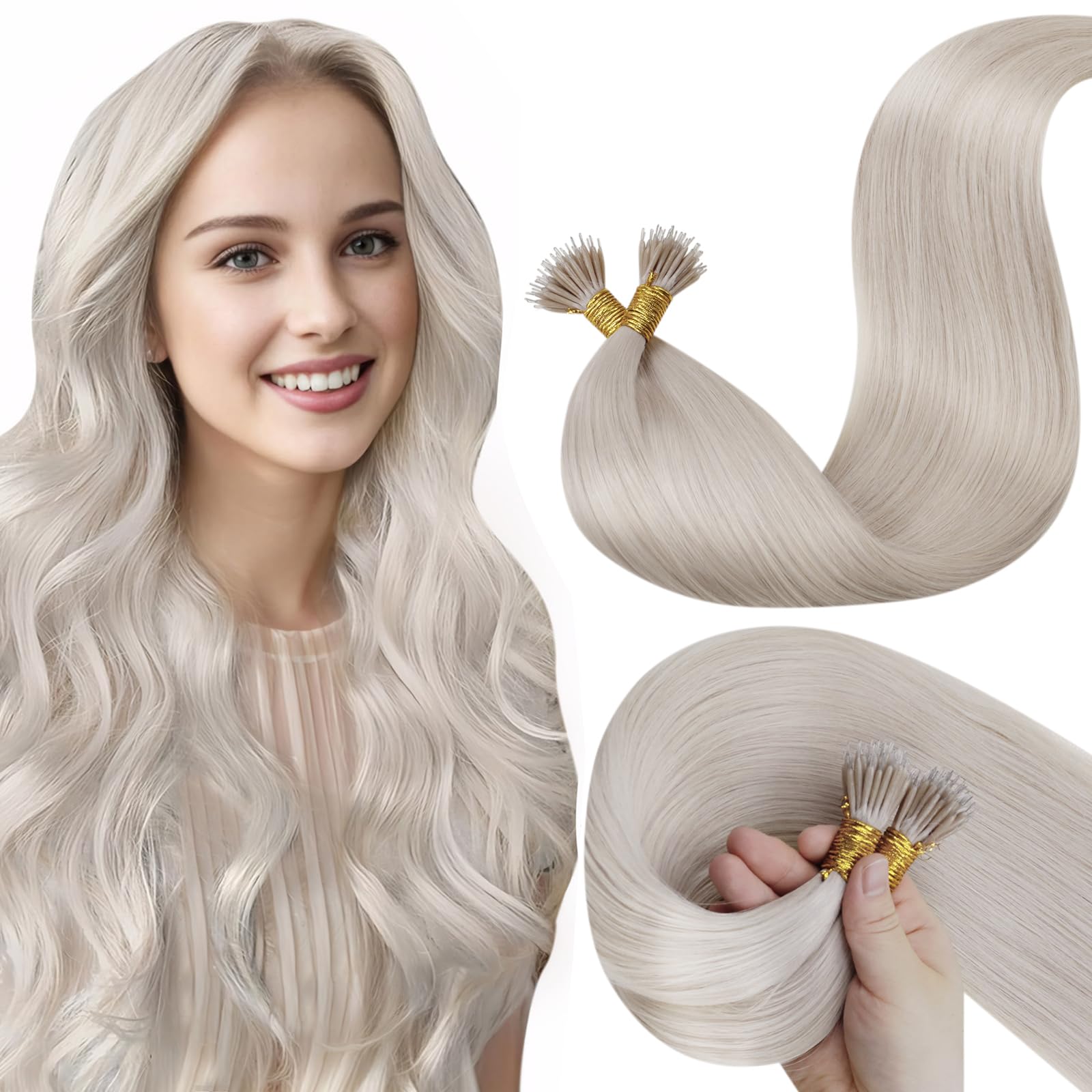 LaaVoo Nano Hair Extensions Real Human Hair 100g Full Head Nano Beads Hair Extensions Platinum Blonde Invisible Nano Ring Straight Remy Hair 100s 16 Inch #60