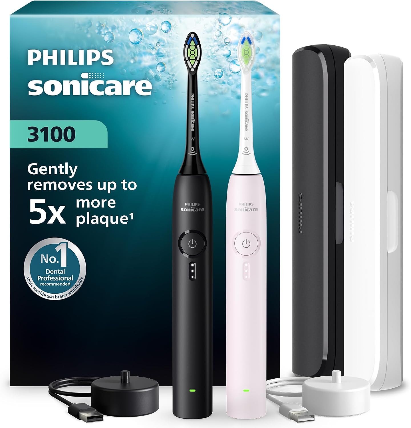 Türk Philips Sonicare 3100 Sonic Şarjlı Diş Fırçası 2'li Paket, Siyah ve Toz Pembe, 5 Kat Plak Temizliği, Basınç Sensörü, 14 Gün Şarj Ömrü, 3 Hız Ayarı,2 Şarj Standı, 2 Seyahat Kabı - HX4072/42