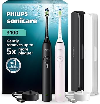 Philips Sonicare 3100 Sonic Şarjlı Diş Fırçası 2'li Paket, Siyah ve Toz Pembe, 5 Kat Plak Temizliği, Basınç Sensörü, 14 Gün Şarj Ömrü, 3 Hız Ayarı,2 Şarj Standı, 2 Seyahat Kabı - HX4072/42