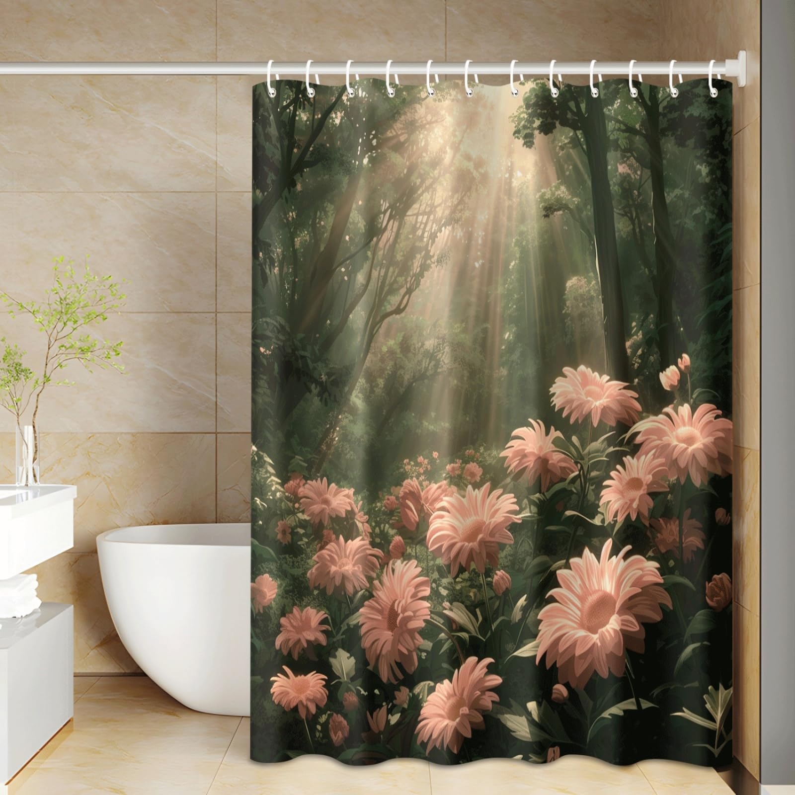 Tenda Doccia Piante Verdi Marroni Tenda Doccia Antimuffa Impermeabile Poliestere Lavabile con 12 Ganci Facile da Installare Tende Finestra Bagno per Dormitorio Hotel(180x220cm)