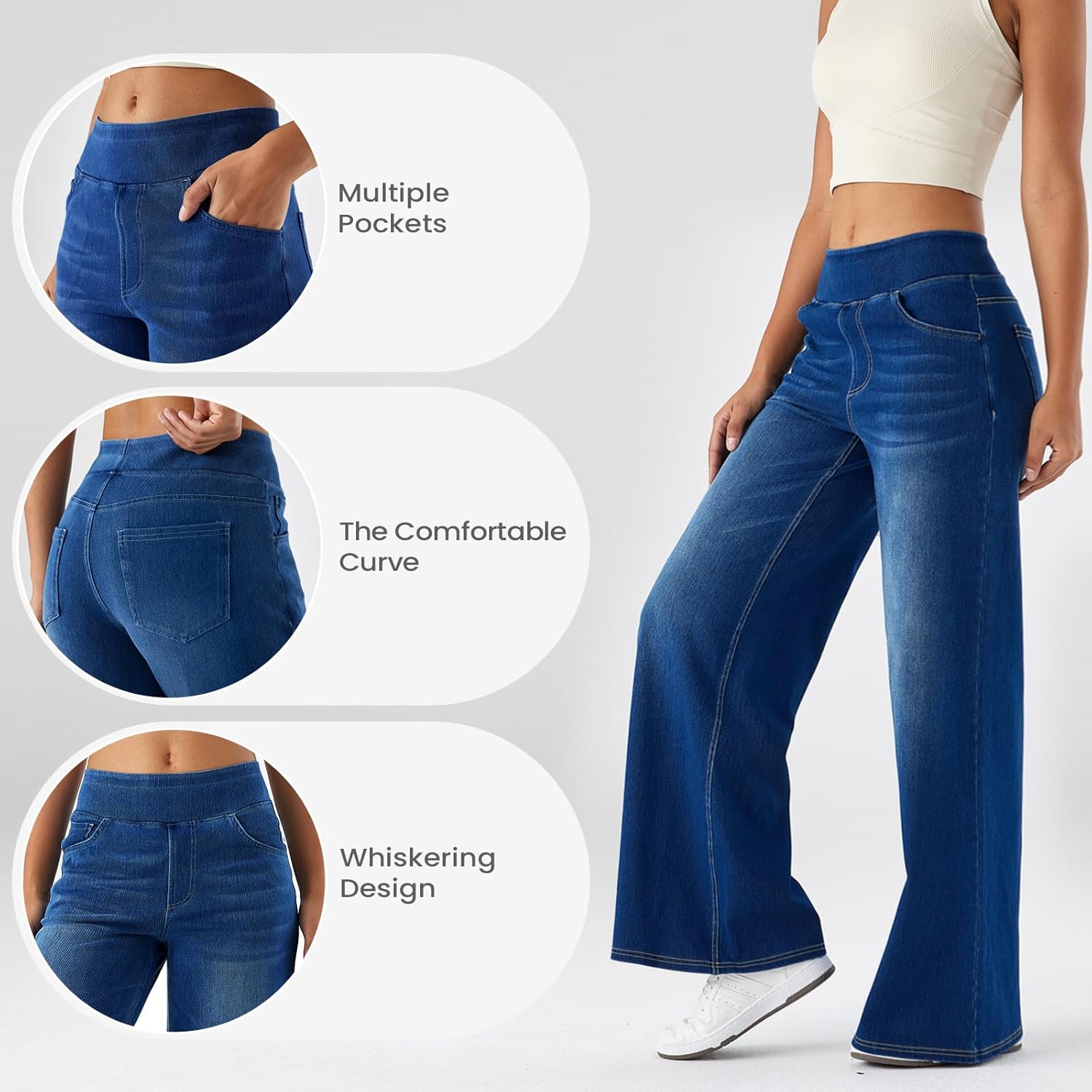 Fanica Women's Baggy Wide Leg Jeans, High Waisted Relaxed Fit Stretch Pull On Soft Denim Pants with Pockets - Image 3