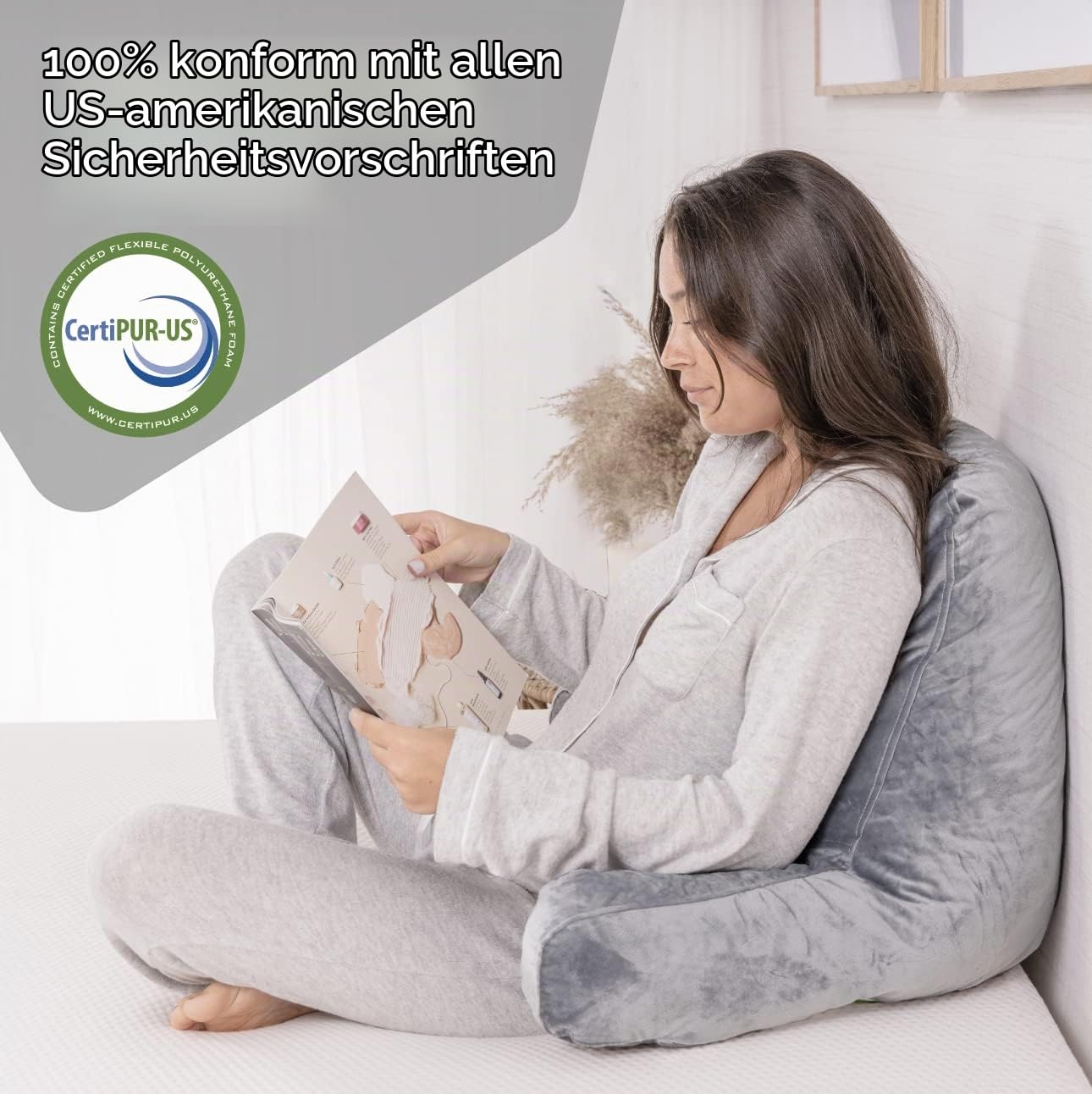 Milliard Rückenkissen, Lesekissen/Stützkissen mit Füllung aus Zerkleinertem Memory Foam- Ideal als Rückenstütze Beim Lesen oder für Videospiele (Standard) (Grau)