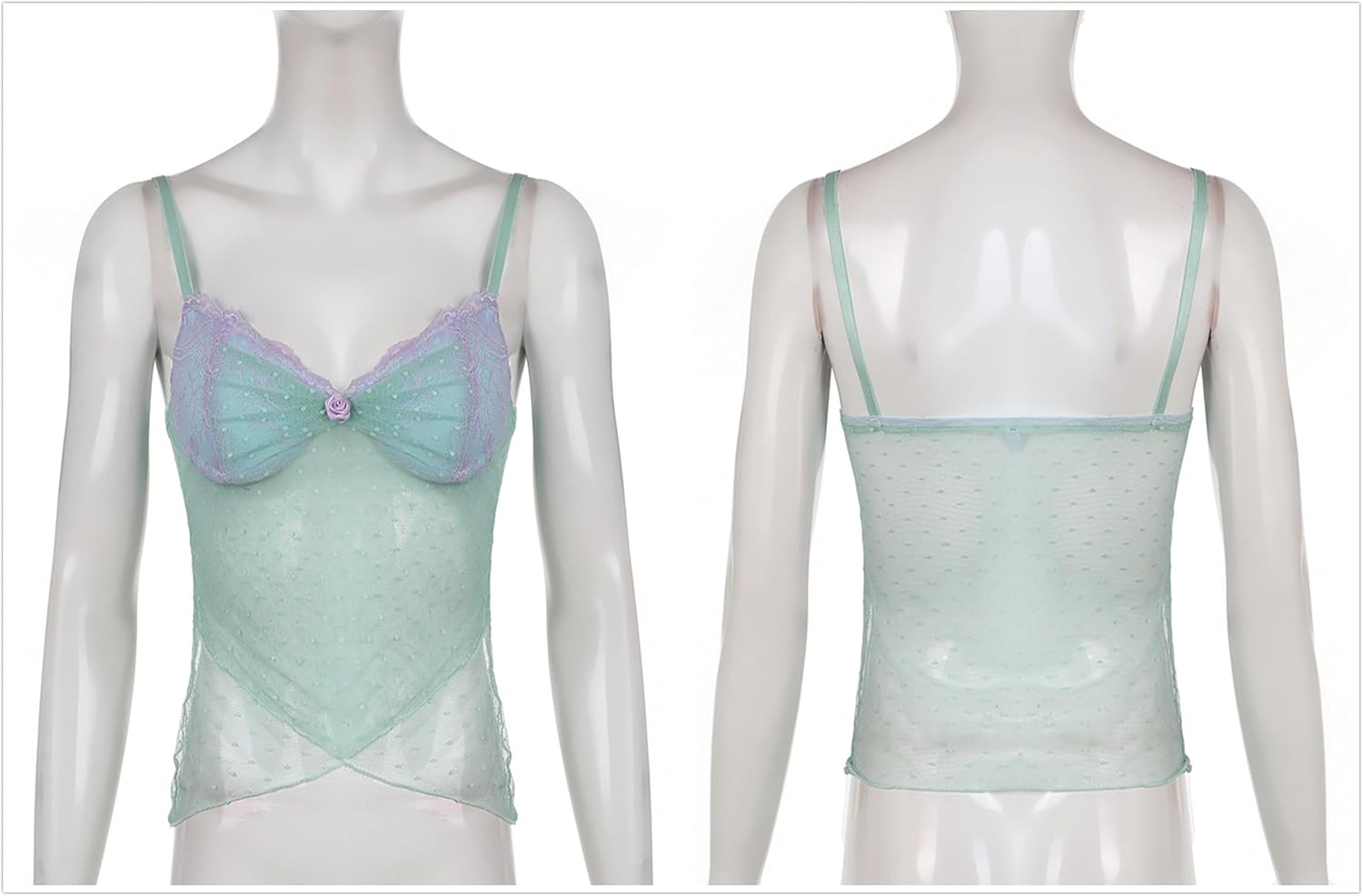 Sup-Coente Y2K Lace Crop Top Tank Women Fairy Blue Asymmetrical Sheer Mesh Cute - Image 5