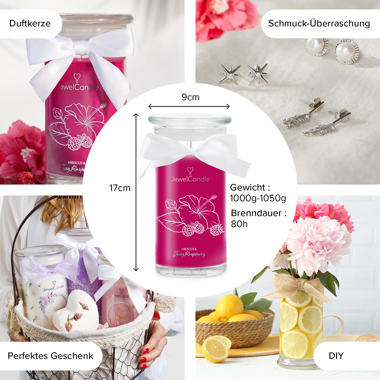 JuwelKerze Hibiscus & Juicy Raspberry Ohrringe Silber - Schmuckkerze 80 Std - große Duftkerze mit Fruchtigem Duft - rosa Kerze mit Schmuck Überraschung - Geschenke für Frauen, Geburtstag