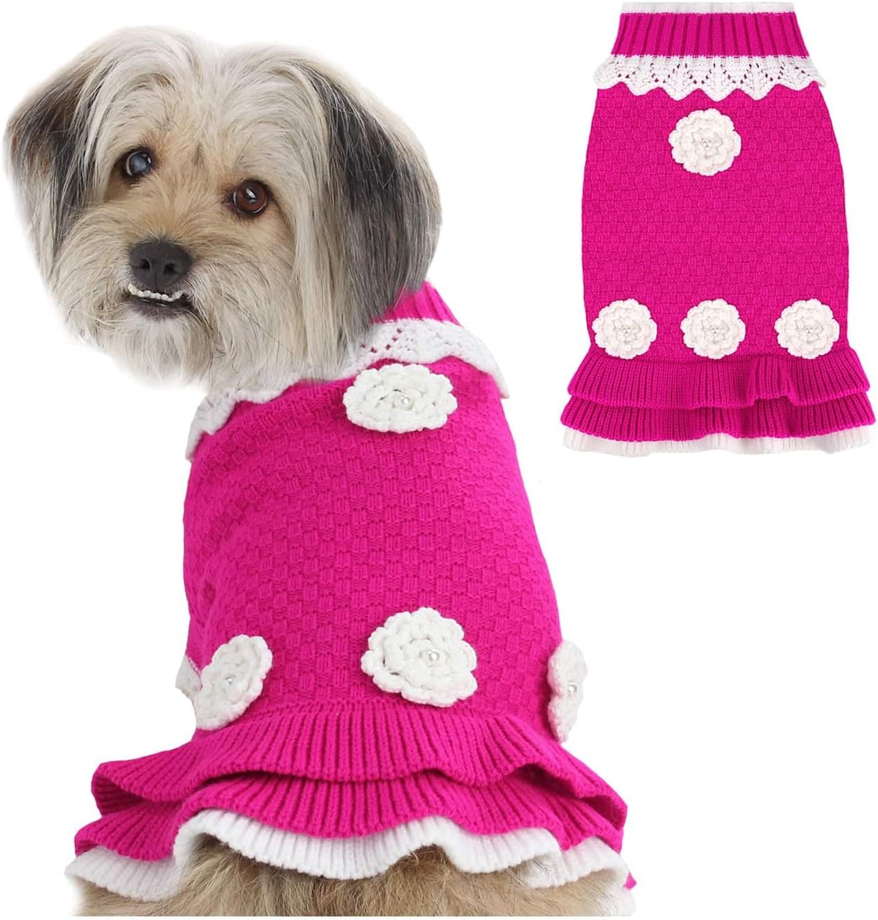 QWINEE 3D Flower Decor Dog Sweater Puppy Dog Cat Sweater