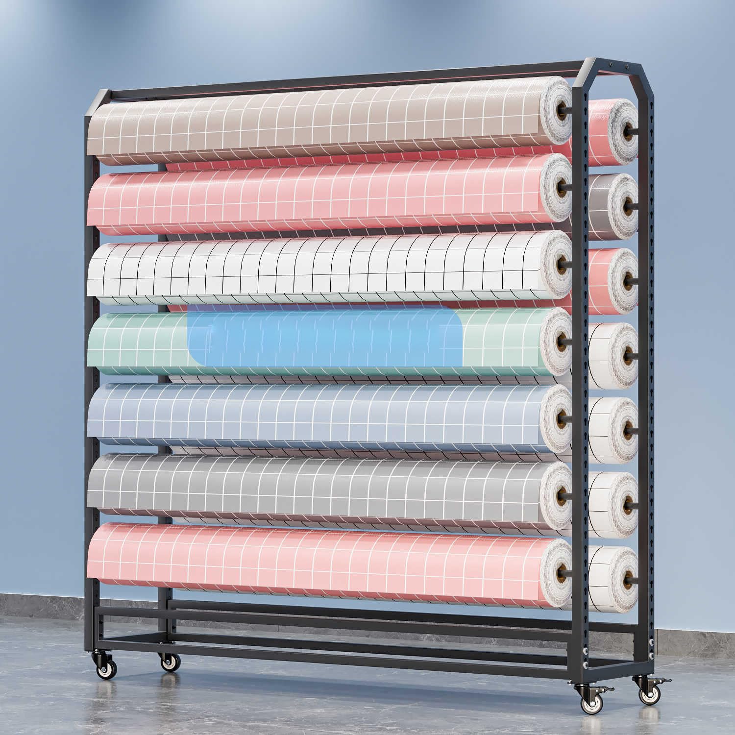 Commercial Fabric Roll Storage Rack with Adjustable Rod Brakeable Wheels, Movable Heavy Duty Steel Display Rack for Fabric Roll/Wallpaper/Tablecloth/Wrapper Organizer (14 Rods)