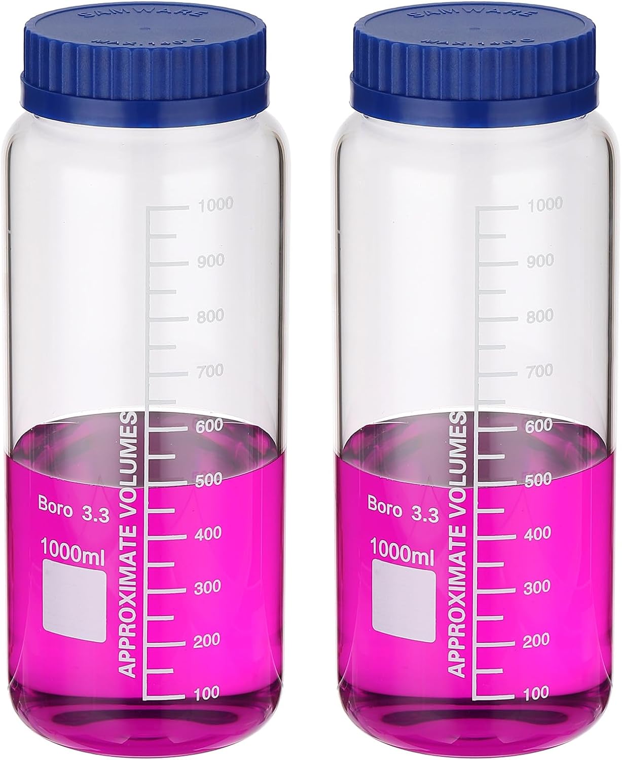 INCOMPLETE..PATIKIL 2 Pack Reagent Media Storage Bottles, 1000ml Borosilicate Glass Wide Mouth Graduated Round Bottles with GL32 Blue Screw Cap for Lab Water Reagent Liquids, Clear 1000ml Blue