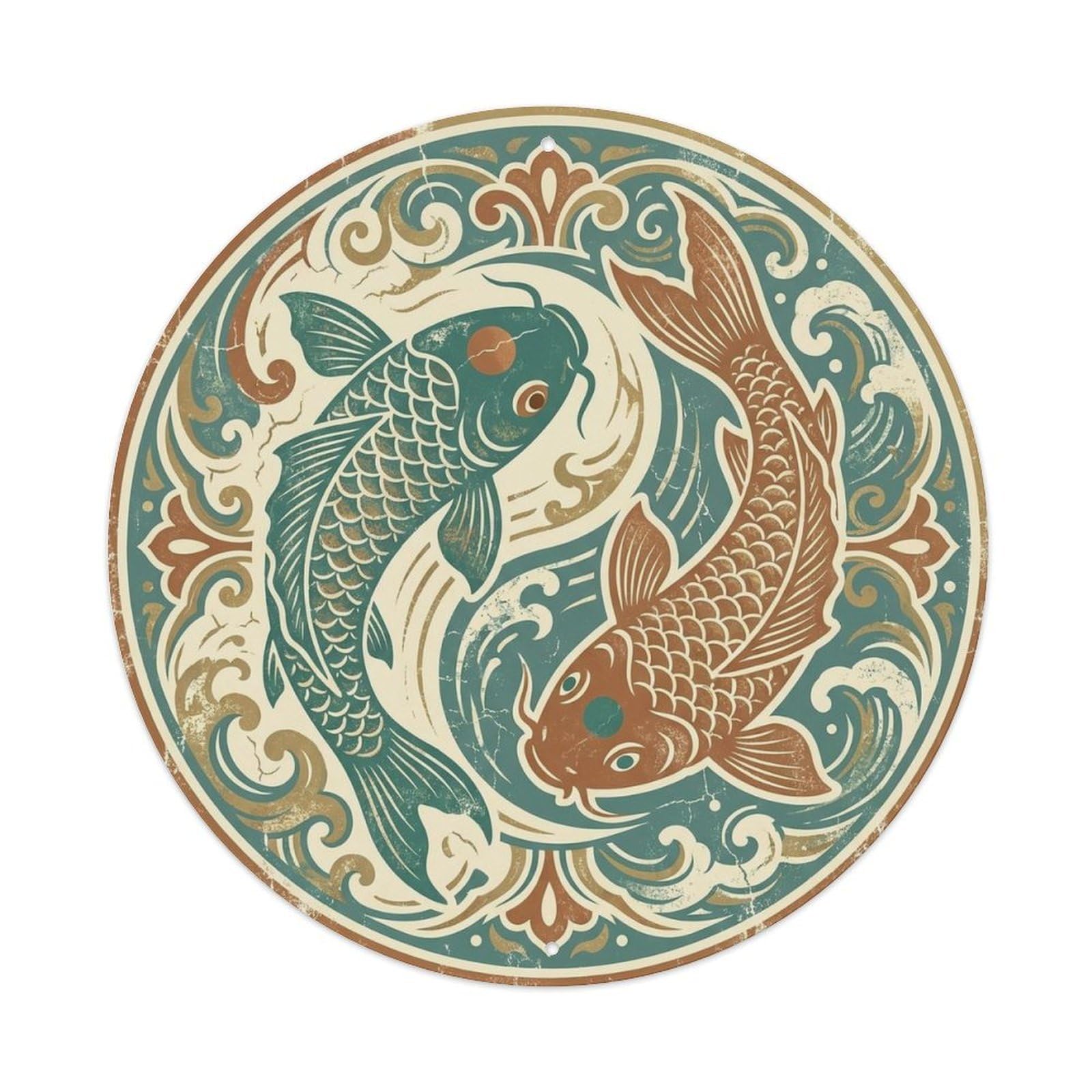 Olyhtr 8X8inch Classic Style Tai Chi Koi Copper Yin Yang Symbol Classic Metal Tin Sign